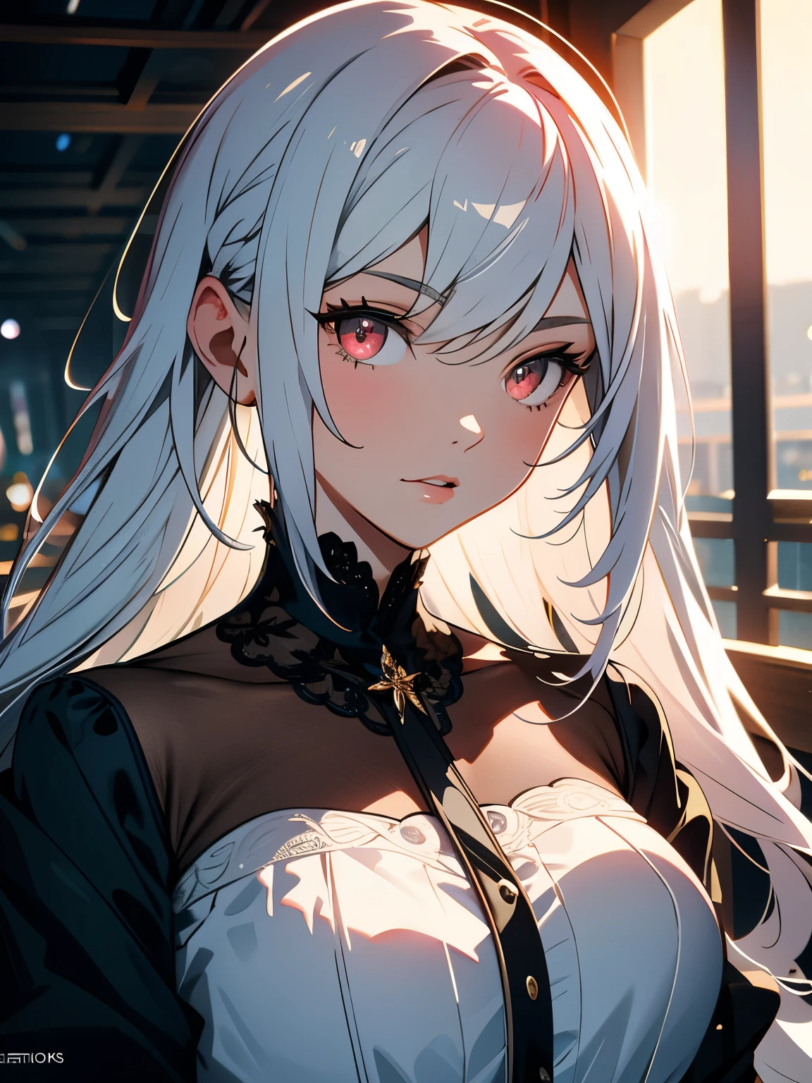 masterpiece, highest quality, very detailed, cinematic lightning, intricate details, High resolution, official art, Beautiful detailed face and eyes, High resolutionのイラスト, 8K, Depth of bounds written, Bokeh, alone, 1 girl, girl with white hair and red eyes, long white hair, beautiful red eyes, beautiful scenery, rainy city, Upper body, looking at the viewer, close