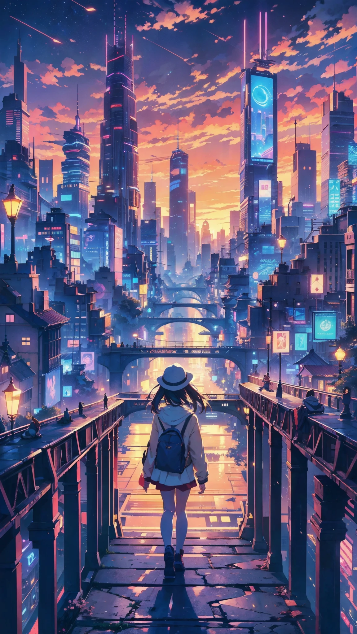 a painting of a girl standing on a bridge, a city at night with a lot of lights, hd anime cityscape, magical city, ethereal starlit city at sunset, beautiful city of the future, fantasy cityscape, cosmic skies. by makoto shinkai, in zootopia city, a bustling magical town, empyrean city, fantasy city background