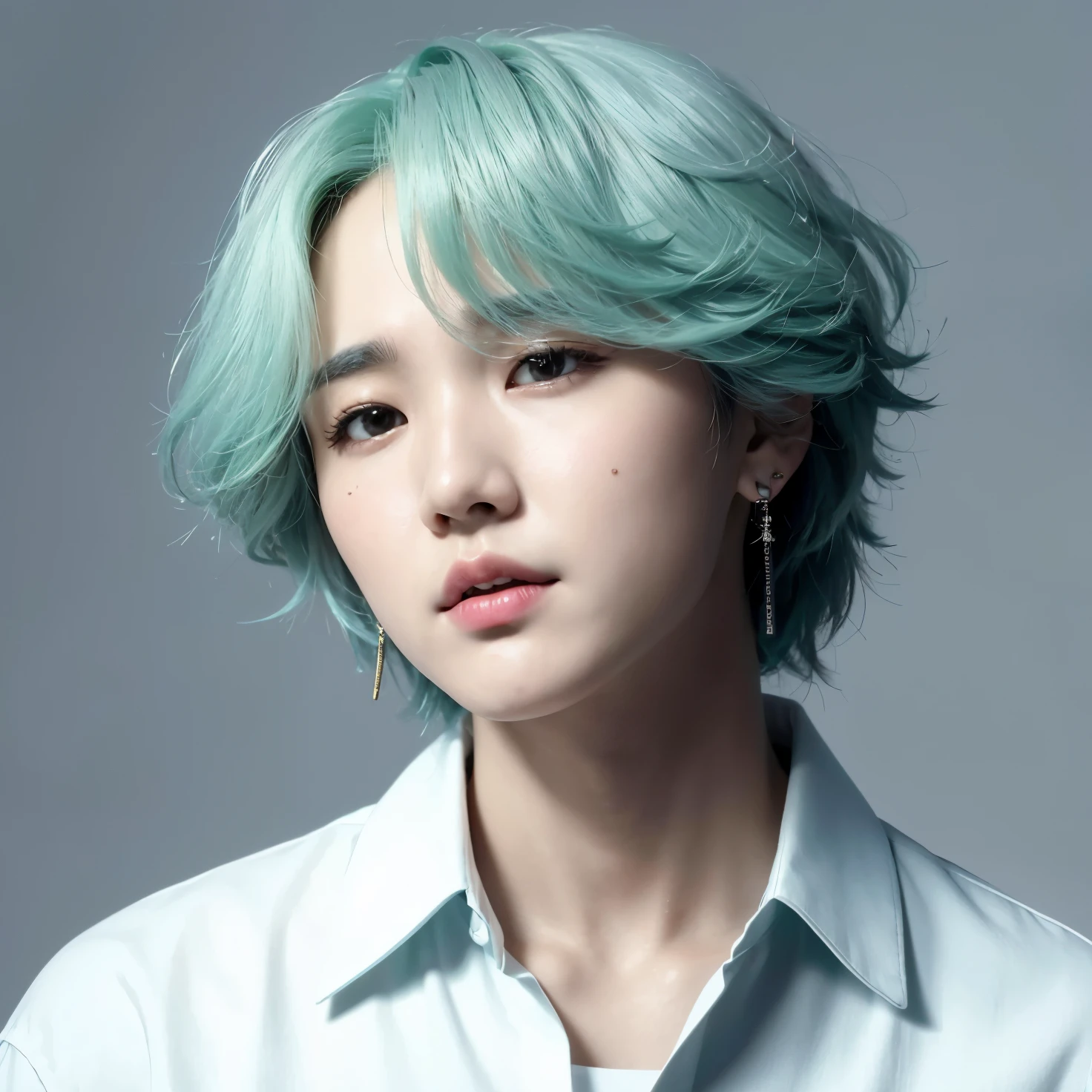 un primer de yoongi con cabello verde y camisa blanca, yoongi de pelo negro, capturado en canon eos r 6, Jung Jaehyun, pale korean adorable face, cai xukun, Jimin, jungkook, hyung tae, yanjun chengt, shin jeongho, Jimin\his right eyelid is swollen, Jimin\los labios carnosos, chico kpop, cara coreana yoongi de bts, piel linda, la imagen no cambia mucho de la original