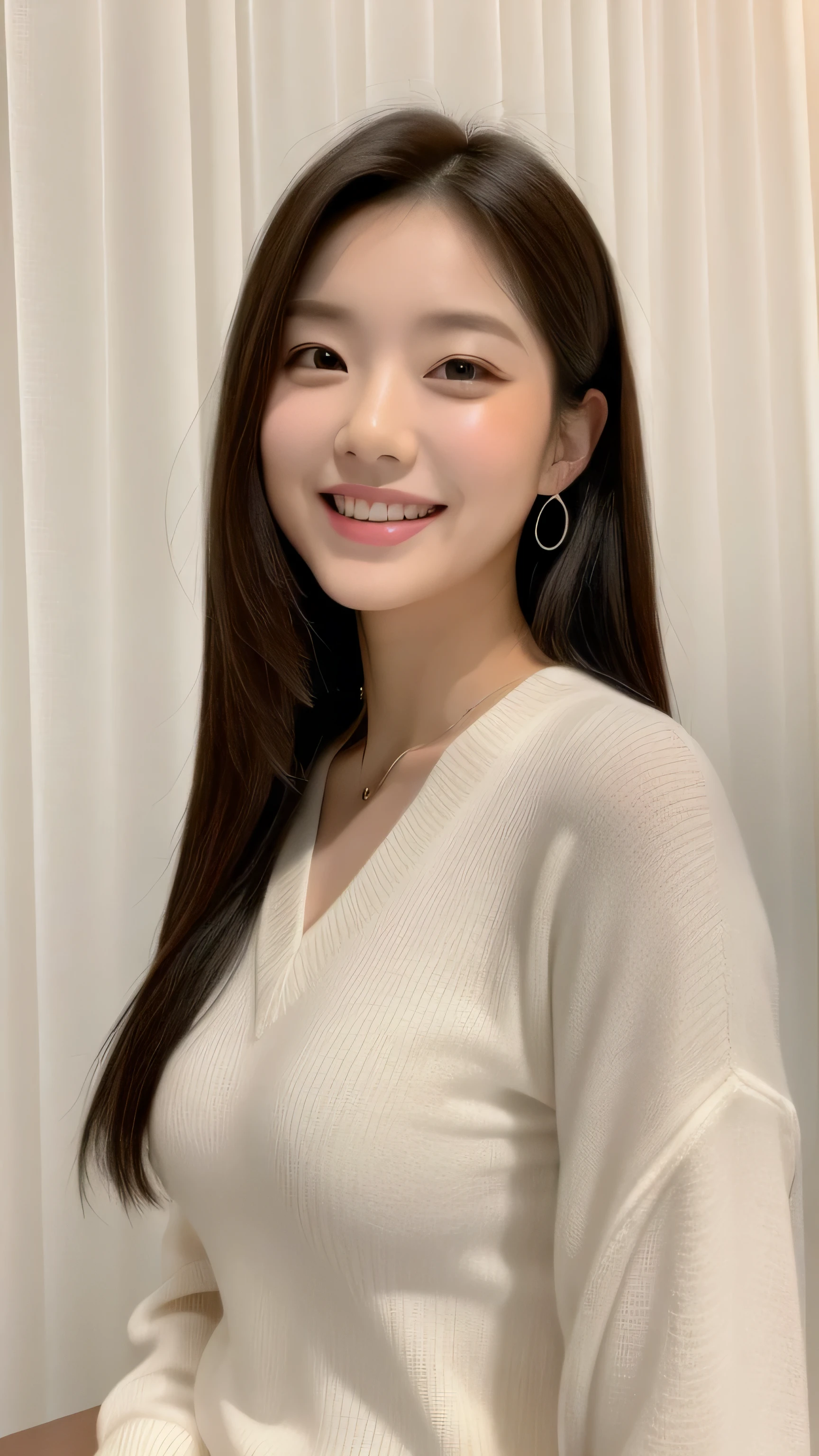 Realistic photos of cute Korean stars, curtained hair, white skin, light makeup, chest measurement 32 inches, smile a little, wear long sleeve shirts, in the conference room, upper body portrait,  stereogram, UHD