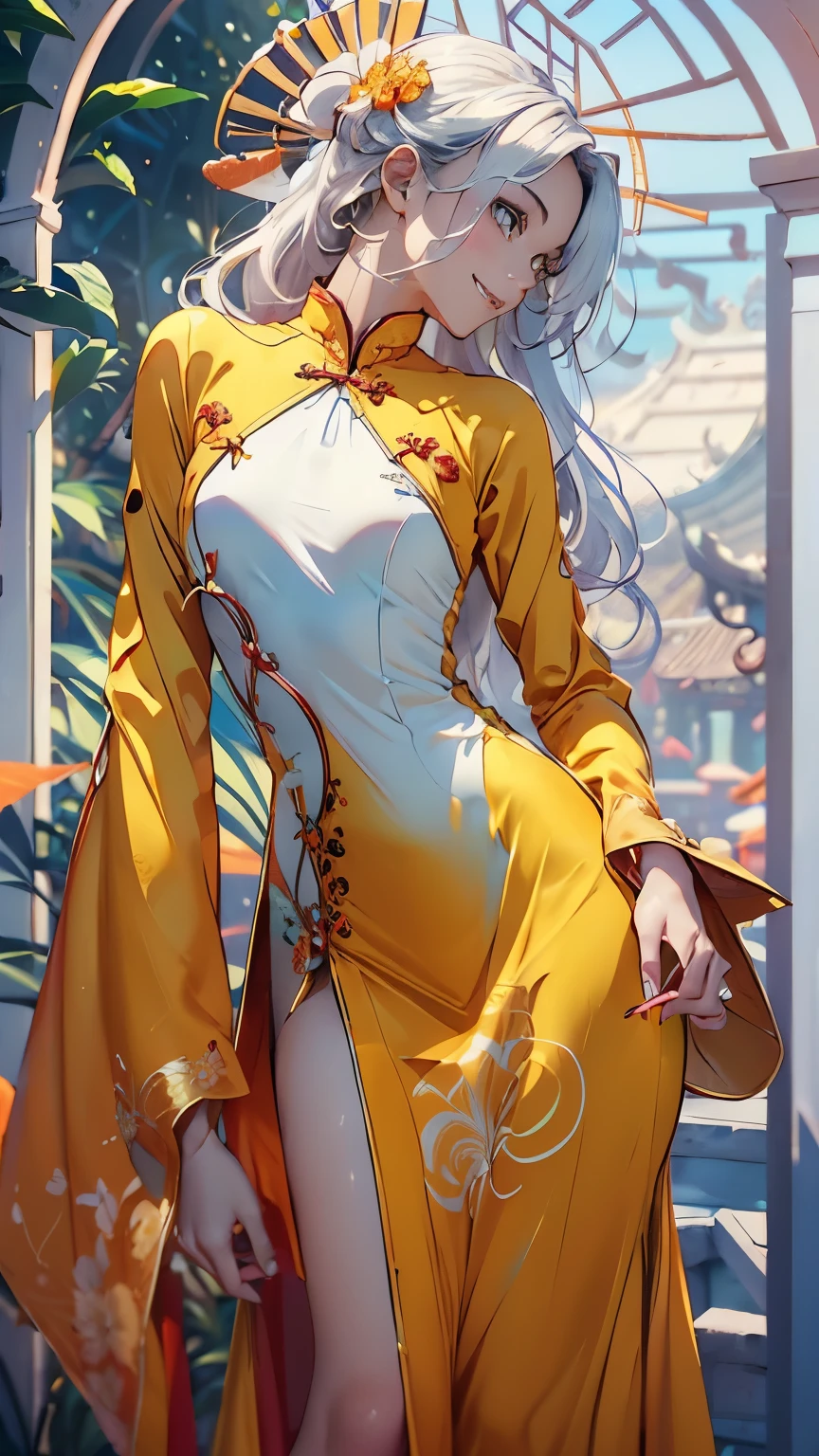 (Official art、Best Quality、Unity 8k Wallpapers、32K、masterpiece、ultra-detailliert、超A high resolution、realisitic、Photorealsitic、Very ridiculous:1.2)、(Cinematic lighting:1.2), ((Background : pagoda :1.5)、Best Shadows、Rim lighting、side lights、(Ultra-detailed and complex 3D rendering)、Detailed beautiful face and eyes、Sharp pupils、Realistic pupils、A slender、1Girl 、Medium bust、 beauitful face、(16-year-old beautiful girl)、((Small breast:1.5, smallchest:1.5)), (super detailed skin、detailed skin textures:1.3)、((White hair:1.5)) ,(shoulder long hair:1.5).((Modern Vietnamese Aodai :1.5)) , ( heavy and unique Vietnamese Aodai:1.5) , (wearing a Orange peel colored Vietnamese Aodai:1.5),(Hunyadi yellow decorative motifs of Aodai:1.5),(cold expression:1.5) , ((cute provocative smile:1.5)) , ((look towards the viewer))