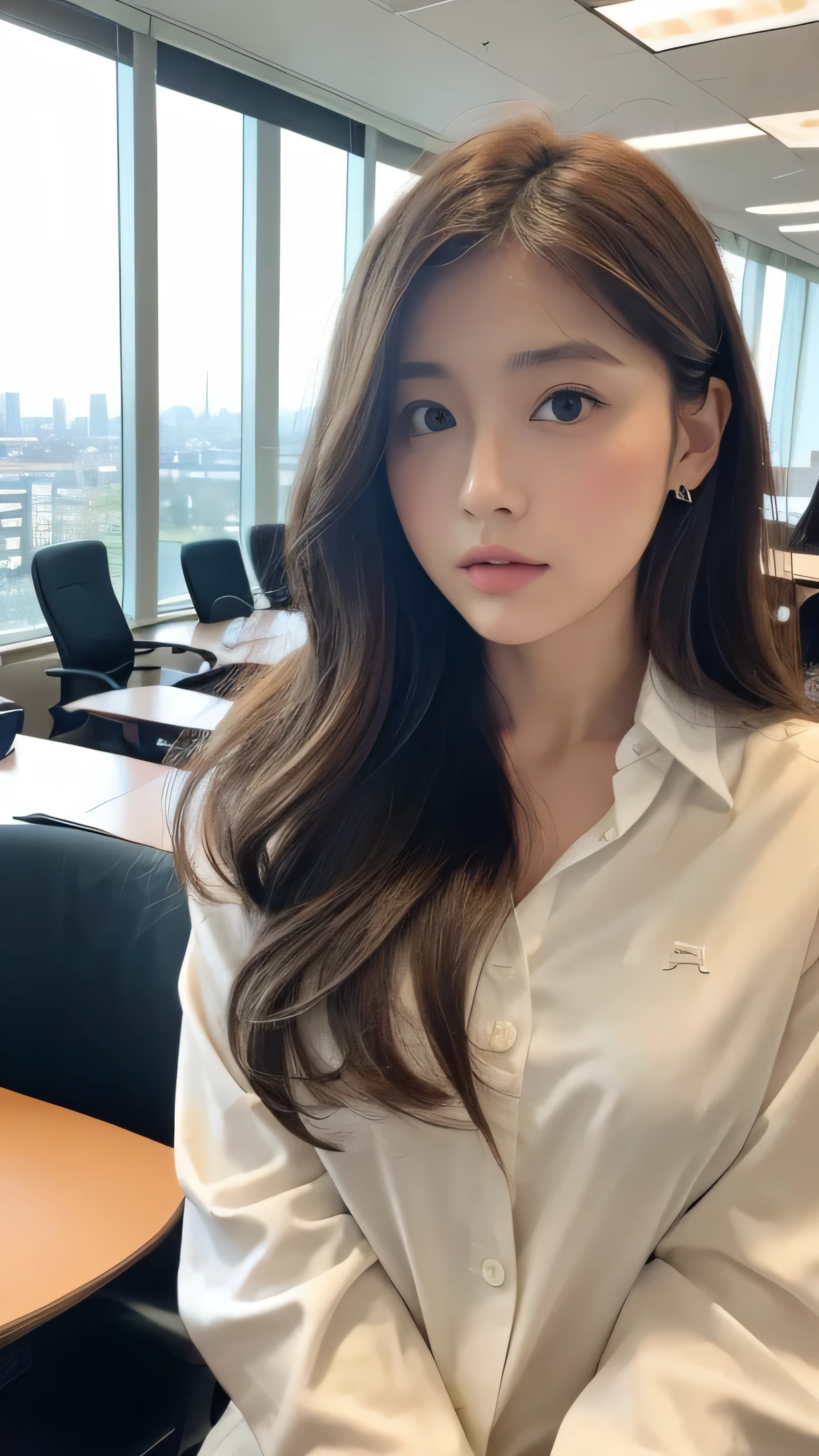- [ ] realistic:1.37, masterpiece, highest quality, RAW photo, confused, UHD, 1 girl, wavy hair, brown hair , looking at the viewer, In a large conference room in a high-rise office building in Tokyo. ,Tokyo Tower,intricate details, detailed background, fine skin, pore, High resolution, HDR , Presentation to 10 men , 美しいmodel, Soft light falls on your face,Japanese_model , Medium chest, 30 year old female ,((white uniform shirt))