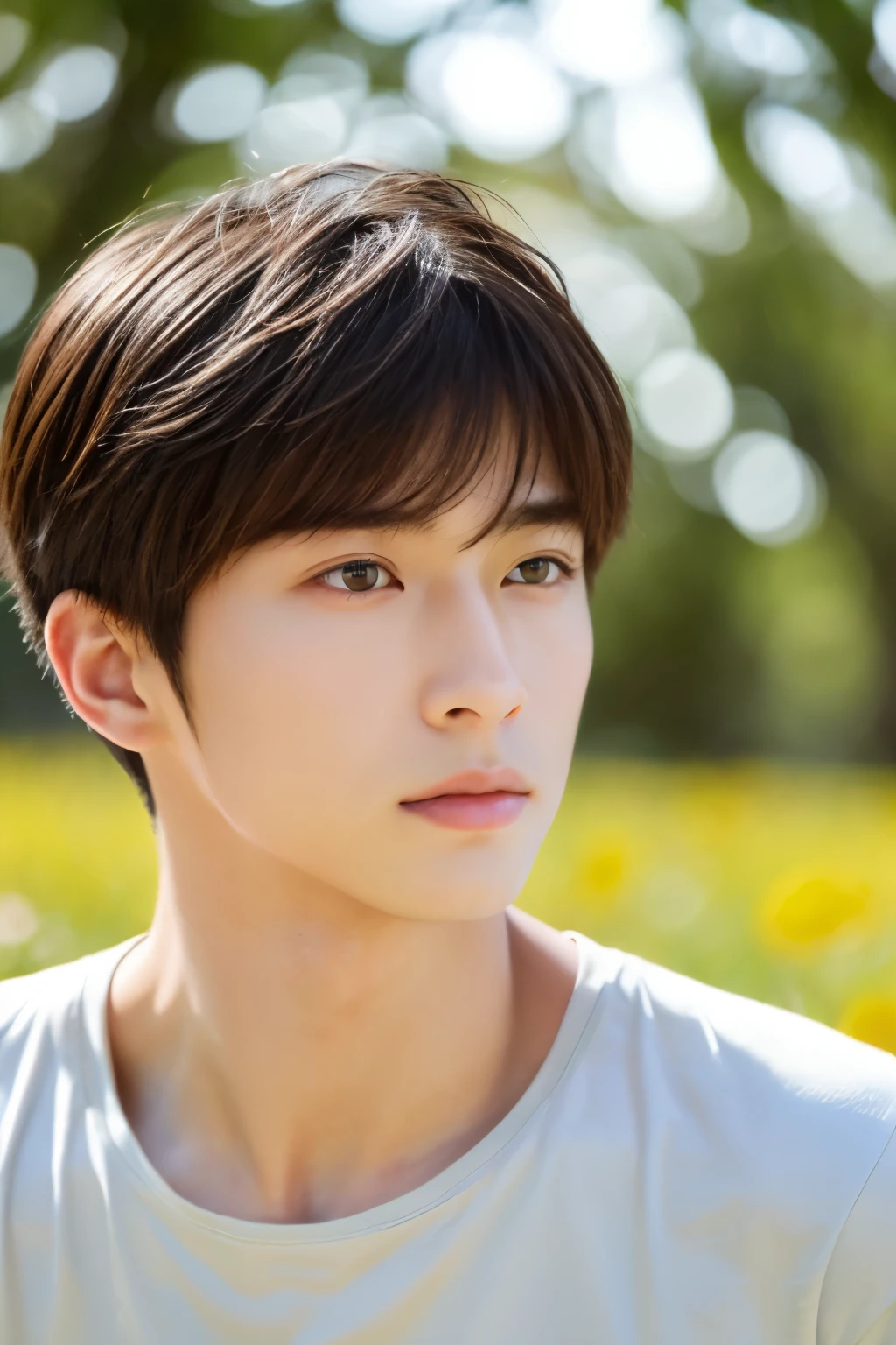 good quality skin、japanese men、(22-year-old man:1.2)、cool look、white skin、sharp eyes、Annuit eyes、brown hair、meadow background、thin lips、smooth skin、muscular