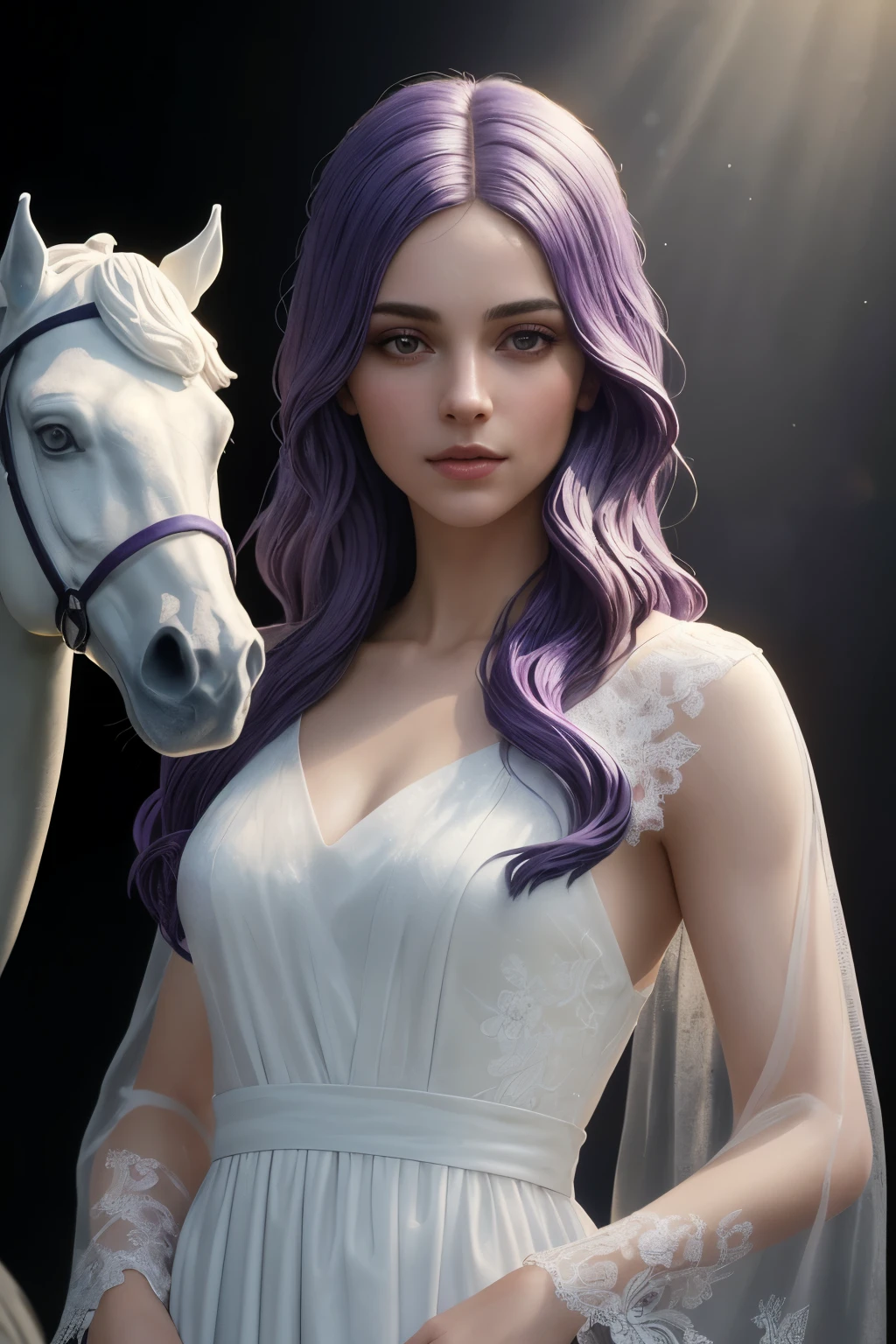 ((best quality)), ((masterpiece)), (detailed), perfect face, a woman in a flowing white dress, with flowing white hair, stands next to a horse sculpture bathed in soft purple lighting. The sculpture has a frosted glass texture. This scene is styled as a flat design poster art with ethereal lighting and a touch of #vfxfriday. Inspired by the works of wlop, labcore, and Andrzej Sykut, this detailoriented piece captures a captivating atmosphere，textured skin，best quality，purple hair，Highly detailed, ultra-detailed, insanely detailed, 4D octane rendering, 8k resolution，Shot in a 3:4 aspect ratio, aperture set at f/2, shutter speed at 1/750