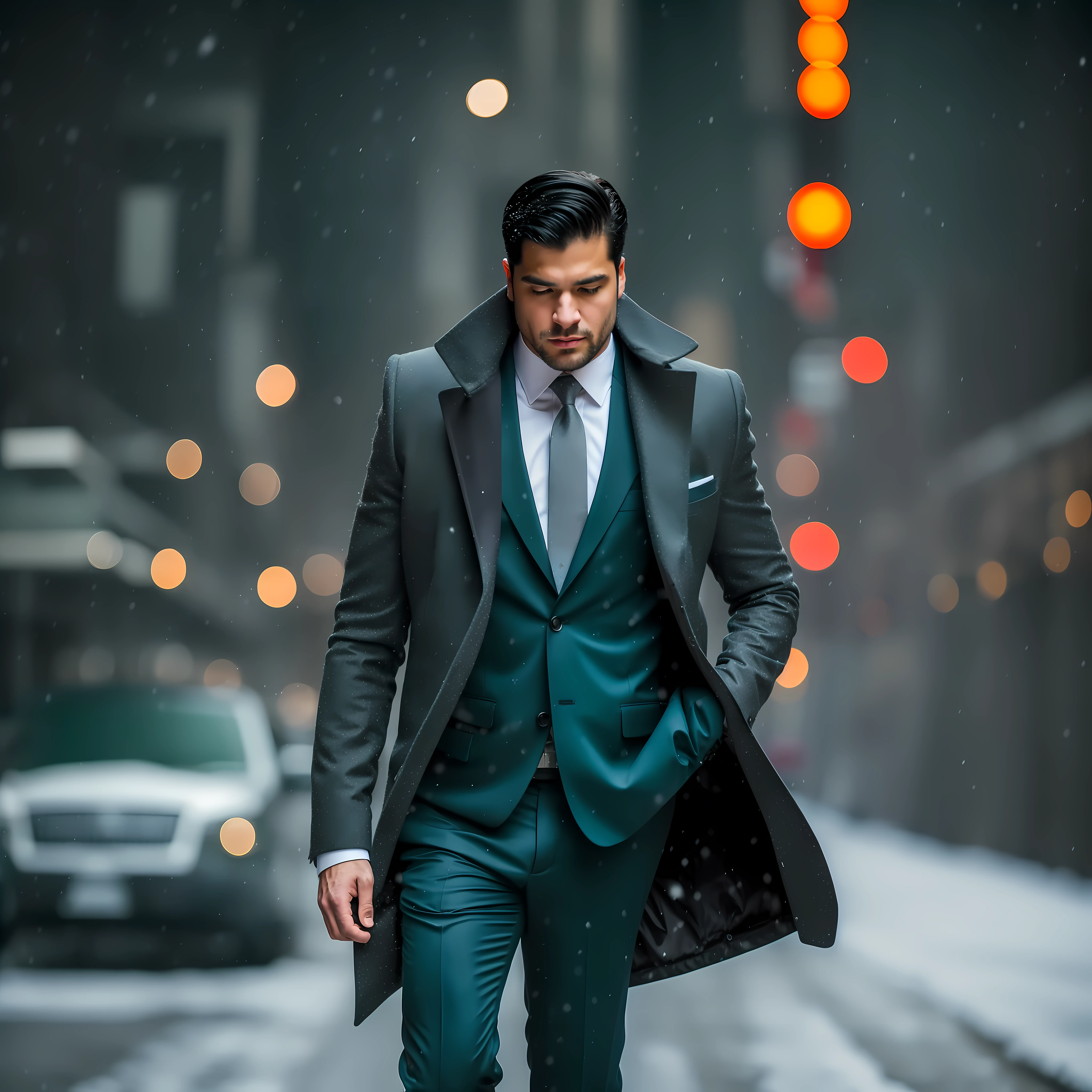 a businessman, fashionable, andando em Nova York, at night, com roupas elegantes, nevando, Cabelo preto, forte, muscular, silver color accessories, black sneakers, olhos de cor verde, call someone with a cell phone, frio, alta qualidade