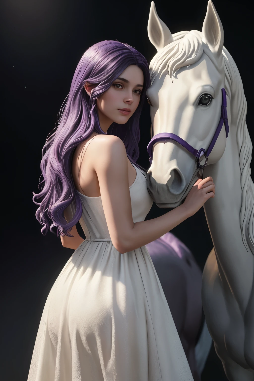 ((best quality)), ((masterpiece)), (detailed), perfect face, a woman in a flowing white dress, with flowing white hair, stands next to a horse sculpture bathed in soft purple lighting. The sculpture has a frosted glass texture. This scene is styled as a flat design poster art with ethereal lighting and a touch of #vfxfriday. Inspired by the works of wlop, labcore, and Andrzej Sykut, this detailoriented piece captures a captivating atmosphere，textured skin，best quality，purple hair，Highly detailed, ultra-detailed, insanely detailed, 4D octane rendering, 8k resolution，Shot in a 3:4 aspect ratio, aperture set at f/2, shutter speed at 1/750