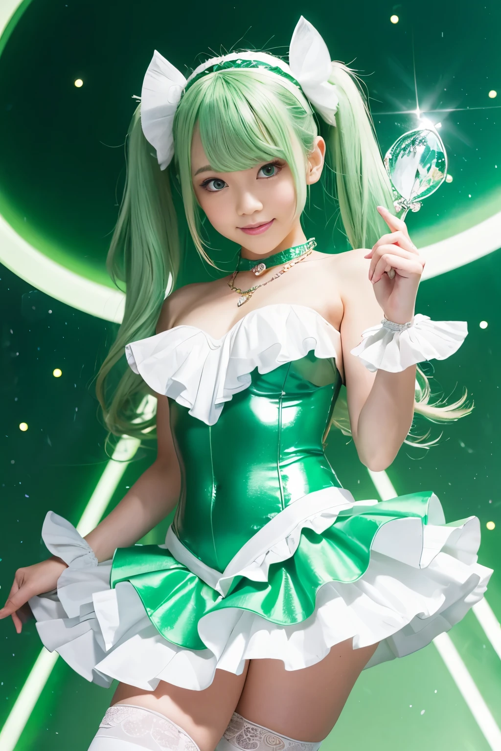 (highest quality, High resolution, masterpiece:1.2), Super detailed, realistic:1.37,(perfect anatomy),1 girl,Are standing,full body portrait,Cute and very beautiful super idol,(Transform into a kawaii magical girl:1.3),Secret Smile,(Green Color Contact Lenses:1.3),beautiful skin, detailed facial features, complicated hair, detailed costume, beautiful lips,(Details Futuristic and cute design tight-fitting shiny pastel green and white high leg magical leotard with ruffled skirt and futuristic leg warmers:1.3),Magic baton,metal necklace,, seductive makeup,Silver twin tails，active pose ,laughter, 
