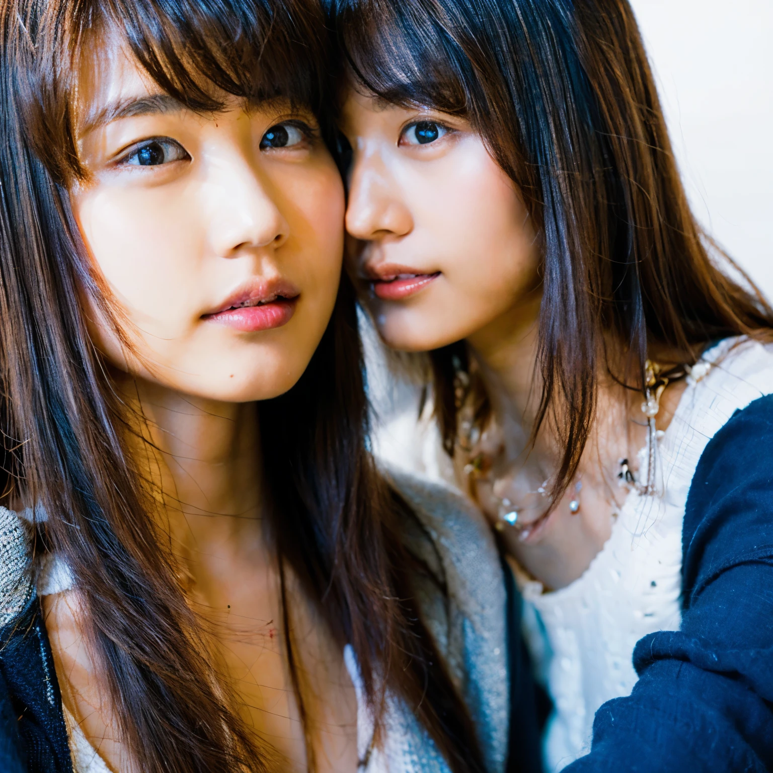 (8K、Raw photo、highest quality、masterpiece:1.2)、(realistic、Photoreal:1.37)、super detailed、Super high resolution、beautiful japanese girl、16 years old、Identical twin sisters hugging each other、see the beholder、beautiful and detailed face、laughter、narrow、(slim waist) :1.3)、Tank top、Beautiful and smooth skin、skin texture、detailed dark brown eyes、floating hair、professional lighting