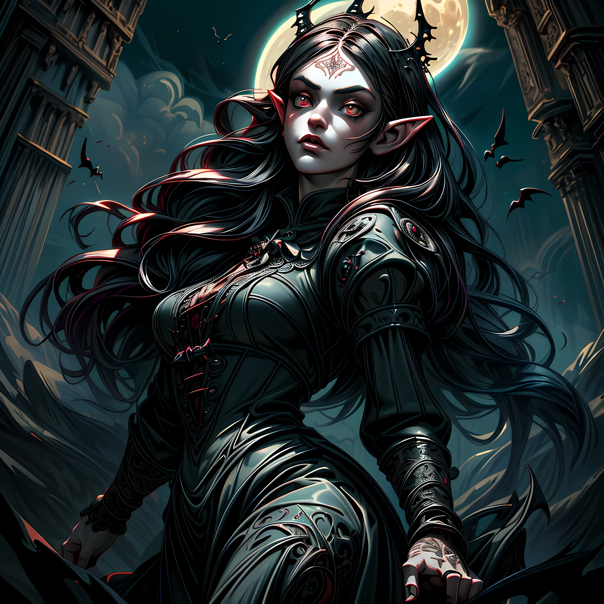 arafed, dark fantasy art, gothic art, (masterpiece:1.5), full body best details, highly detailed, best quality, highres, NeroV2, full body portrait of a vampire, elf (Masterpiece, best quality, ultra feminine: 1.5)  with a long curvy hair, dark color hair, red eyes (fantasy art, Masterpiece, best quality: 1.3), ((beautiful delicate face)), Ultra Detailed Face (intricate details, fantasy art, Masterpiece, best quality: 1.5), [visible vampiric fangs] (intricate details, fantasy art, Masterpiece, best quality: 1.5), [anatomically correct] red cloak, flowing cloak (intense details, fantasy art, Masterpiece, best quality: 1.3), wearing an intricate leather [white] dress (intricate details, gothic art, Masterpiece, best quality: 1.5), high heeled boots, blood dripping on lips, urban background (intense details, beat details), fantasy, at night light, natural ,moon light, soft moon light, moon rays, clouds, gothic atmosphere, gothic street background, bats flying in background, soft light, dynamic light, [[anatomically correct]], high details, best quality, 16k, [ultra detailed], masterpiece, best quality, (extremely detailed), dynamic angle, ultra wide shot, RAW, photorealistic