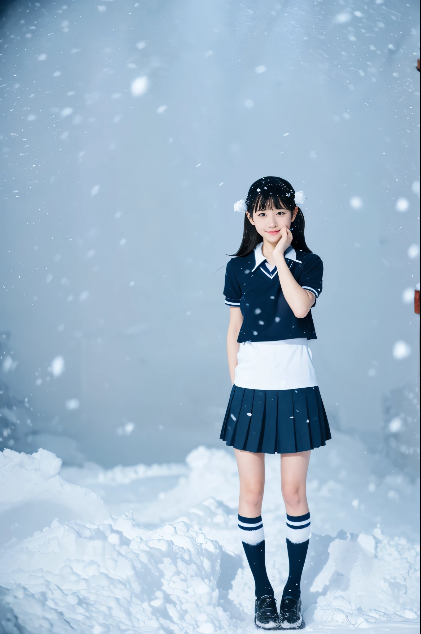 (in 8K、RAW Photos、top-quality、​masterpiece:1.2), (realisitic、Photorealsitic:1.37), ultra-detailliert, high resolution, 1girl in, a closeup, Raw feet, A dark-haired, black eyes, japanese, color contact lens, (beautiful legs:1.3), (slender girl:1.4), a beauty girl, (Thin legs:1.3), a sailor suit, , high-school girl, JK, Ultra mini skirt, Dark blue pleated skirt, Short socks, Tri-fold socks, white sock, (short sleeves:1.3), (black loafers shoes:1.3), Full body, (standing:1.2), (heavy snowing:1.3), (deep snow:1.3)