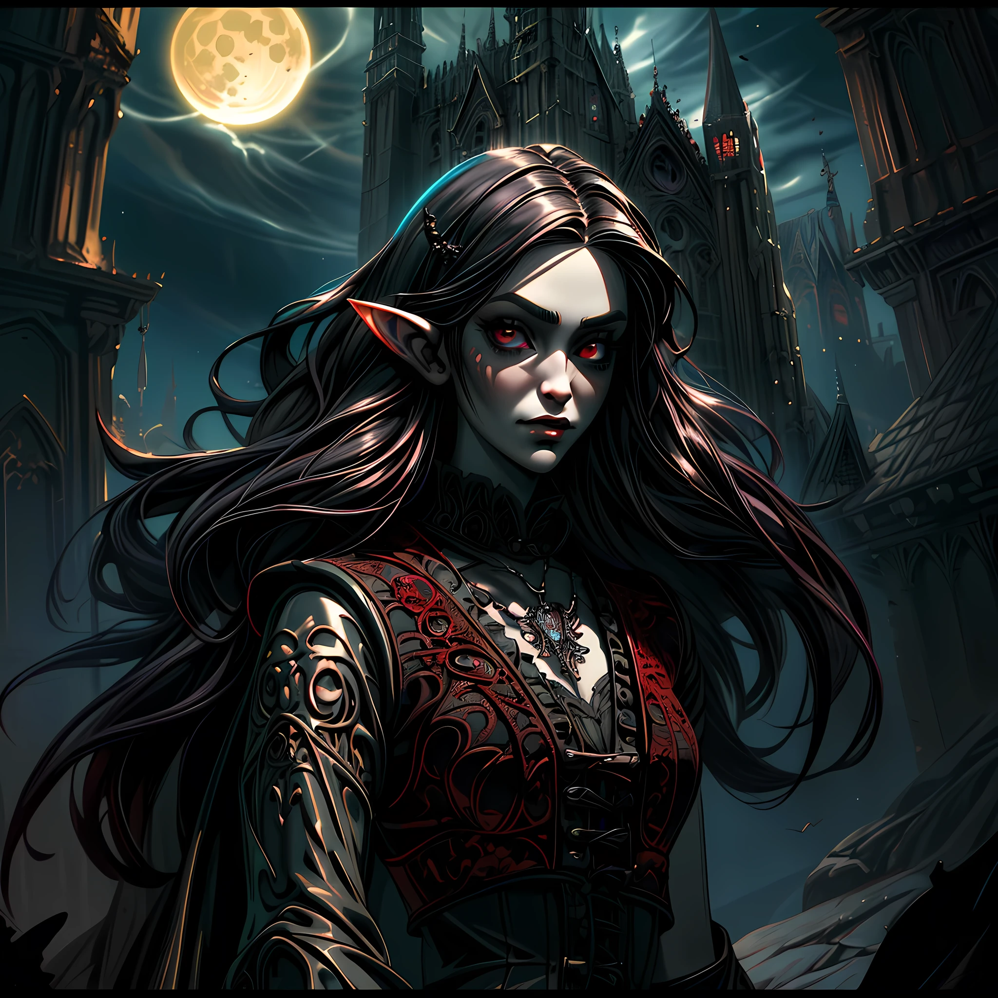 arafed, dark fantasy art, gothic art, (masterpiece:1.5), full body best details, highly detailed, best quality, highres, NeroV2, full body portrait of a vampire, elf (Masterpiece, best quality, ultra feminine: 1.5)  with a long curvy hair, dark color hair, red eyes (fantasy art, Masterpiece, best quality: 1.3), ((beautiful delicate face)), Ultra Detailed Face (intricate details, fantasy art, Masterpiece, best quality: 1.5), [visible vampiric fangs] (intricate details, fantasy art, Masterpiece, best quality: 1.5), [anatomically correct] red cloak, flowing cloak (intense details, fantasy art, Masterpiece, best quality: 1.3), wearing an intricate leather [white] dress (intricate details, gothic art, Masterpiece, best quality: 1.5), high heeled boots, blood dripping on lips, urban background (intense details, beat details), fantasy, at night light, natural ,moon light, soft moon light, moon rays, clouds, gothic atmosphere, gothic street background, bats flying in background, soft light, dynamic light, [[anatomically correct]], high details, best quality, 16k, [ultra detailed], masterpiece, best quality, (extremely detailed), dynamic angle, ultra wide shot, RAW, photorealistic