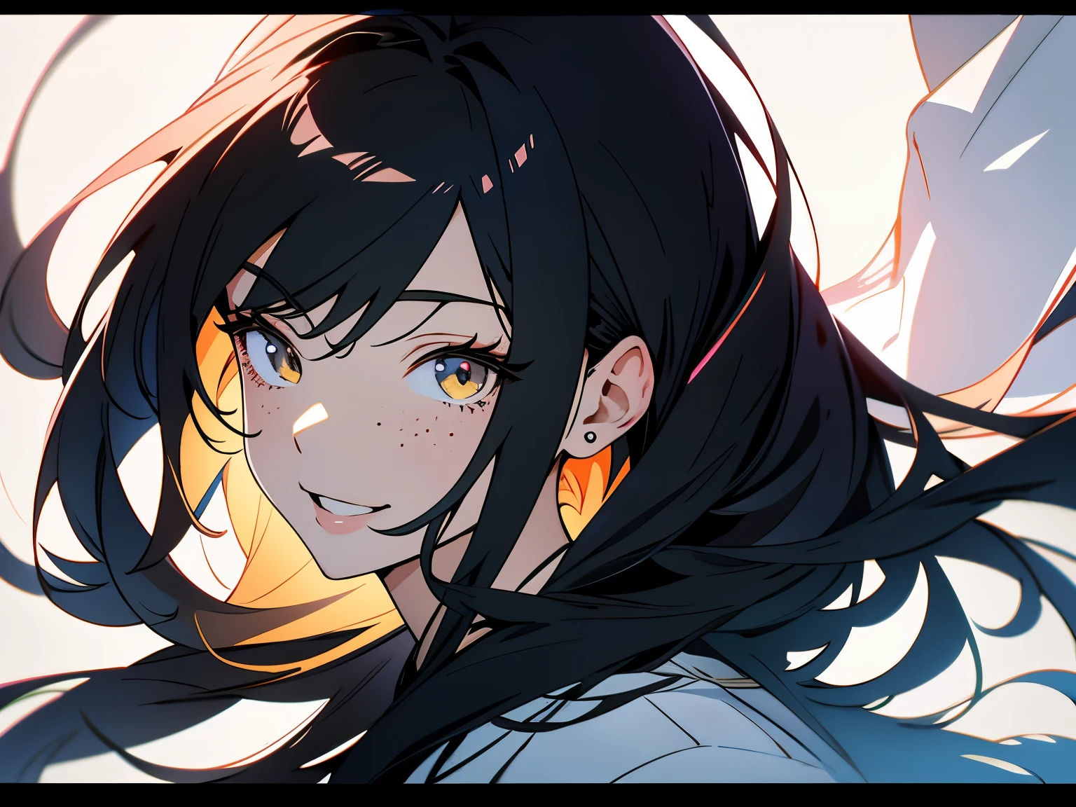 masterpiece, highest quality, {highest quality}, {{masterpiece}}, {High resolution}, concentrated, anime style, Close-up of a female cartoon, Girl Design, portrait, Gisha, anime images, long hair, black hair, straight-eyed, hair covering ears, Happy, Sleek and powerful look, exotic, expensive, freckles, smile, chic, colorful, color  