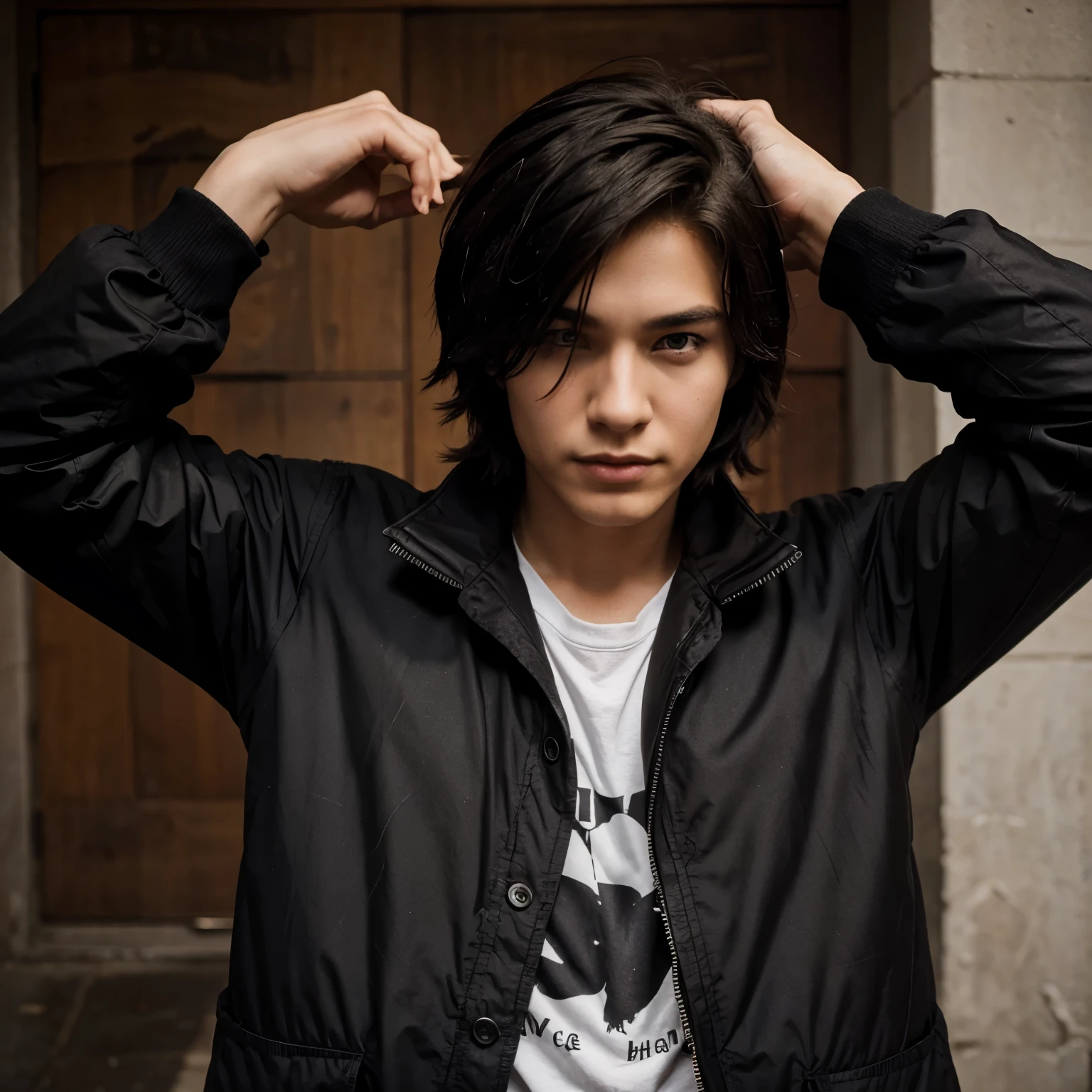 Make me a boy aged around 19 to 24 years old wearing a black jacket posing cool with coma hair 
