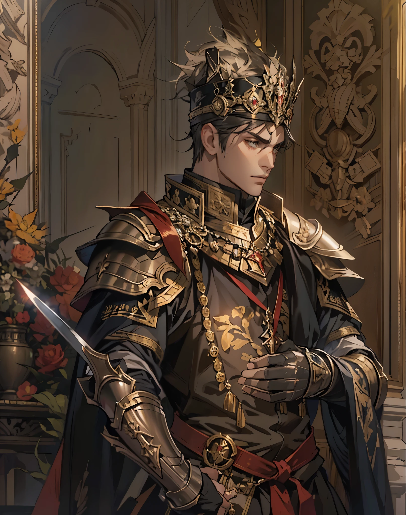 Lord Caius Marcellus, the Master of the Royal Guard and secret lover of Empress Seraphina. He is depicted as a noble and formidable figure, clad in the royal guard's armor, which is both elegant and practical, reflecting his high status and the responsibilities he bears. His armor is adorned with symbols of the Holy Empire of Etreal and personal insignia that signify his personal oath to protect the Empress at all costs. Despite the armor's toughness, there's a gentleness in his eyes, showcasing his good heart and pure intentions. He stands in the royal palace, perhaps near the throne or in a private chamber that hints at his intimate connection with the Empress. His posture is upright, exuding confidence and loyalty, but there's a hint of contemplation, reflecting his inner conflict between duty and morality. The background might subtly include elements that hint at his skills in combat and strategy, such as a finely crafted sword or a strategic map of the empire, Art Styles: high fantasy, Renaissance, Art Inspirations: heroic portraiture, fantasy novel covers, Camera: 50mm, Shot: medium shot, Render Related Information: high resolution, detailed with a focus on the textures of his armor and the softness of his expression, ambient lighting to highlight his noble yet complex character.