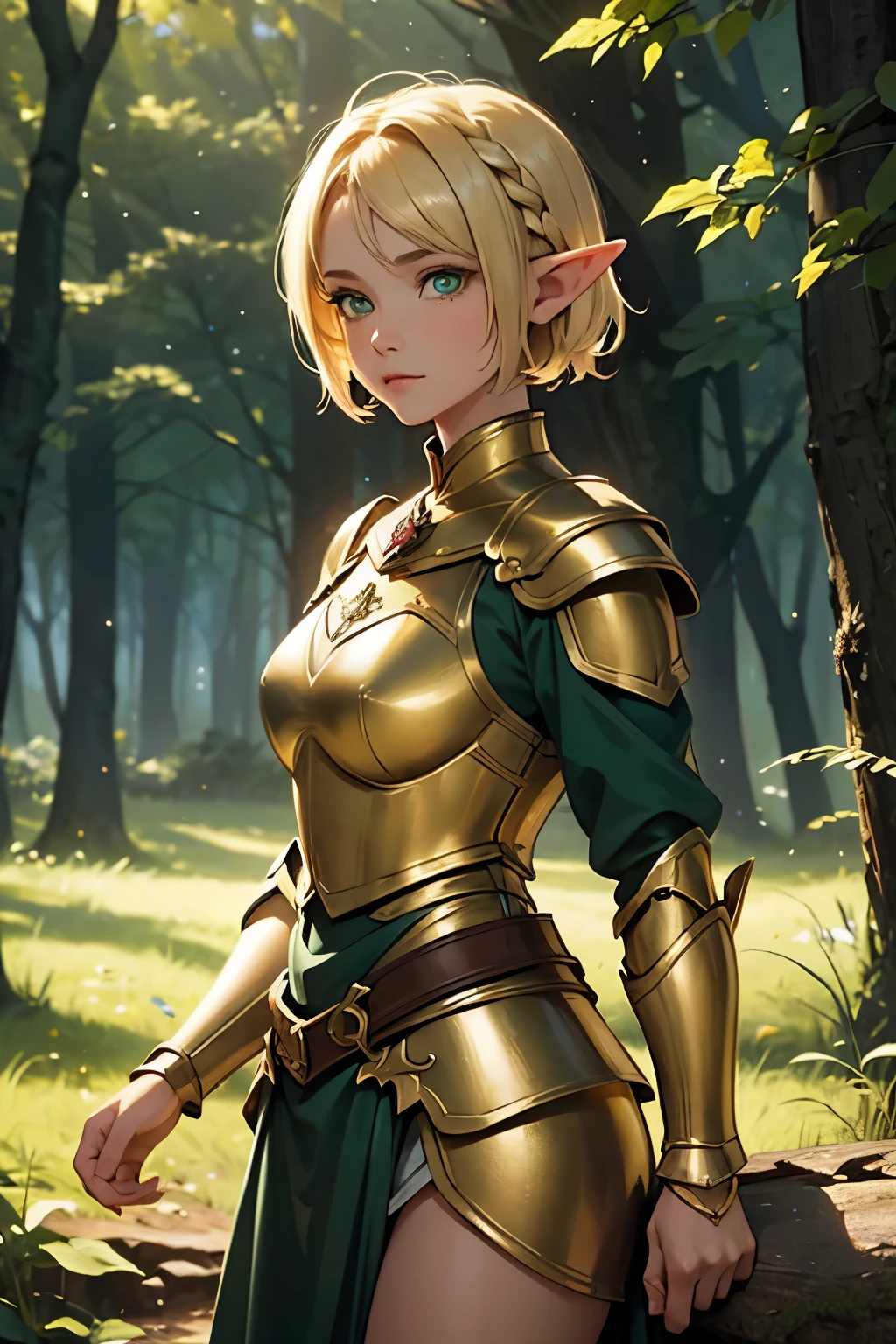 Night time, 1Girl, Elf, Short blonde hair, frenckles, beautiful, wearing Golden, medieval light armor, (Perfect green eyes), in a forest,