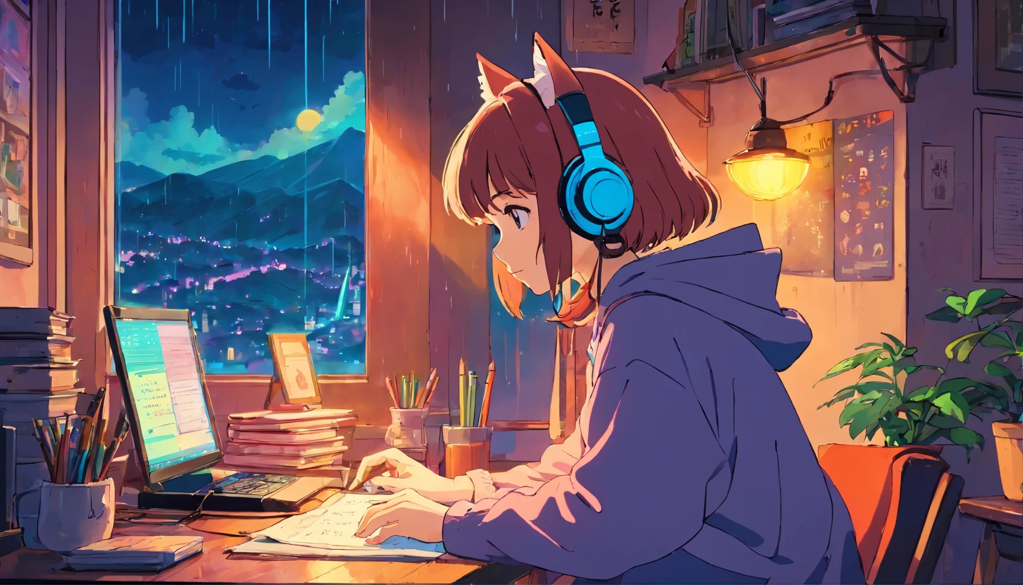 (lofi), Girl studying hard at desk, cat ears, profile, Put on the headphones, Night light, Neon landscape of rainy day from window,Analog Color Theme, Lo-Fi Hip Hop , Flat, 2.5D ,line-drawing, Ink drawing, Large gradients, watercolor paiting, Goosch color, Studio Ghibli style, Awesome colorful, Outturn, Synth Wave, lofi art,90s style,Old textures, amplitude,90s atmosphere, masutepiece, Huge skills