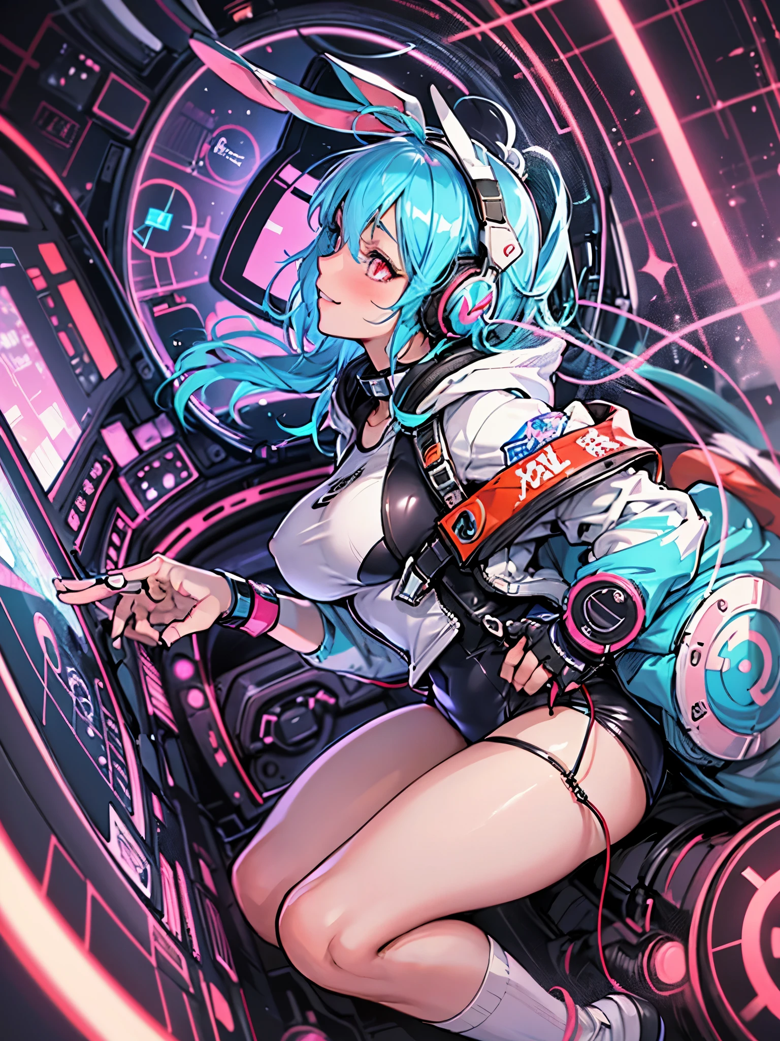 (highest quality), From above:1.2,1 person female, alone, Shining school swimsuit,double big round eyes,light blue hair, red eyes, (black skin),blush,smile, (open chest:1.1),Cyberpunk world,dynamic composition,Big breasts,Socks above the knee,Muchimuchi,Psychedelic color scheme,iridescent sparkling background,rabbit ear headphones,turbo on the back,machine legs,rainbow colored screen,((complex machine cockpit)),look far away,profile,(armor in the form of a hoodie)