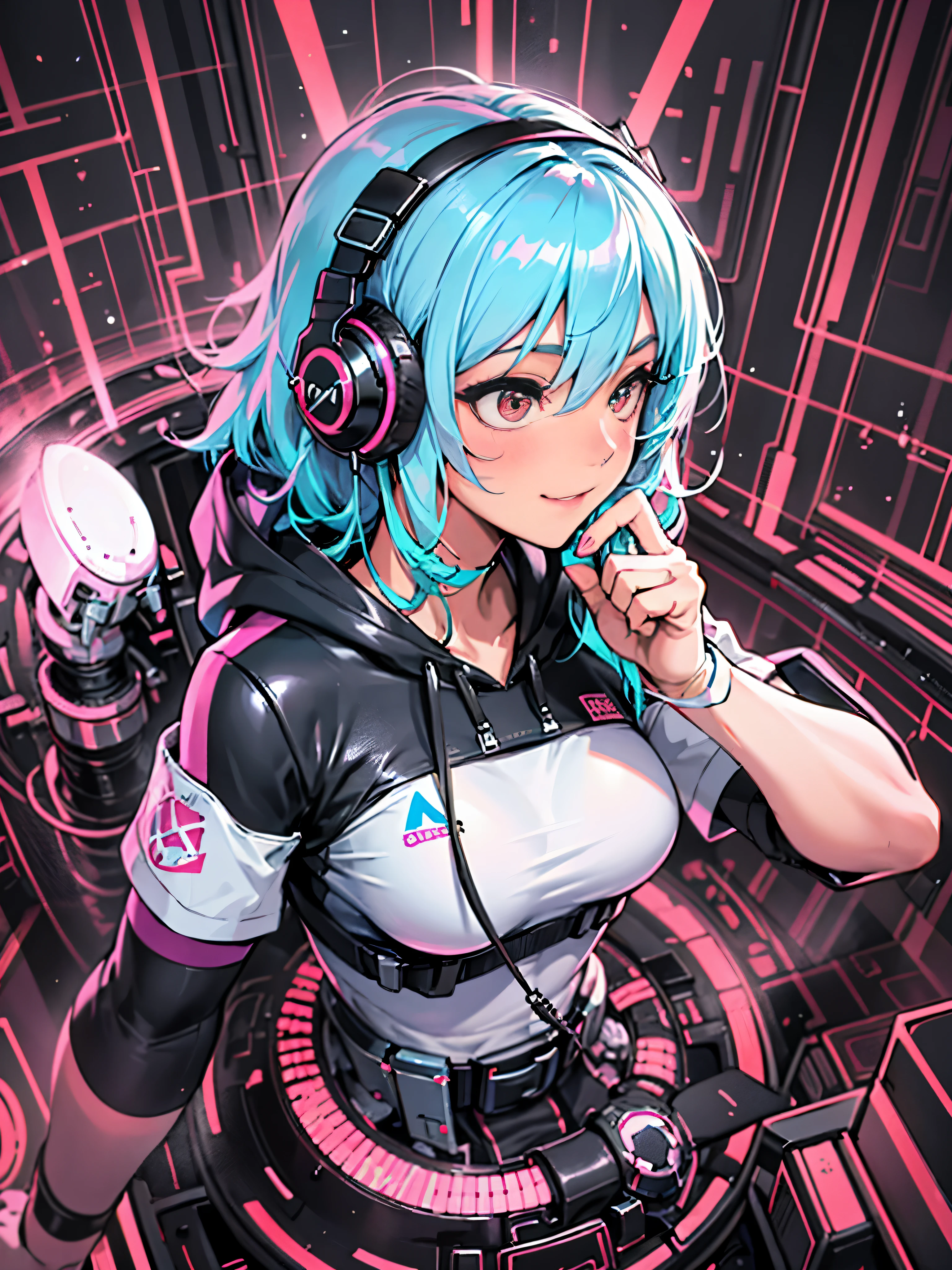 (highest quality), From above:1.2,1 female, alone, Shining school swimsuit,double big round eyes,light blue hair, red eyes, (black skin),blush,smile, (open chest:1.1),Cyberpunk world,dynamic composition,big breasts,Socks above the knee,Muchimuchi,Psychedelic color scheme,Iridescent background,rabbit ear headphones,turbo in the back,machine legs,rainbow colored screen,((cockpit of a complex machine)),look far away,profile,(armor in the shape of a hoodie)