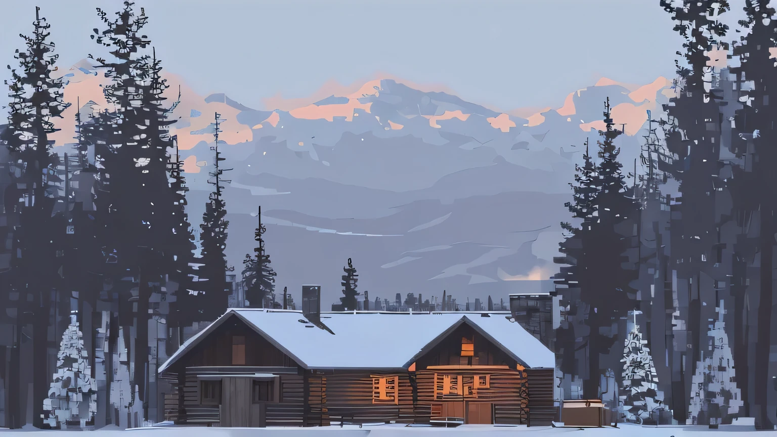 pixel art， buliding， 1 construction， daytime， Coniferous forest，wooden house，The light was warm，smoke from chimney