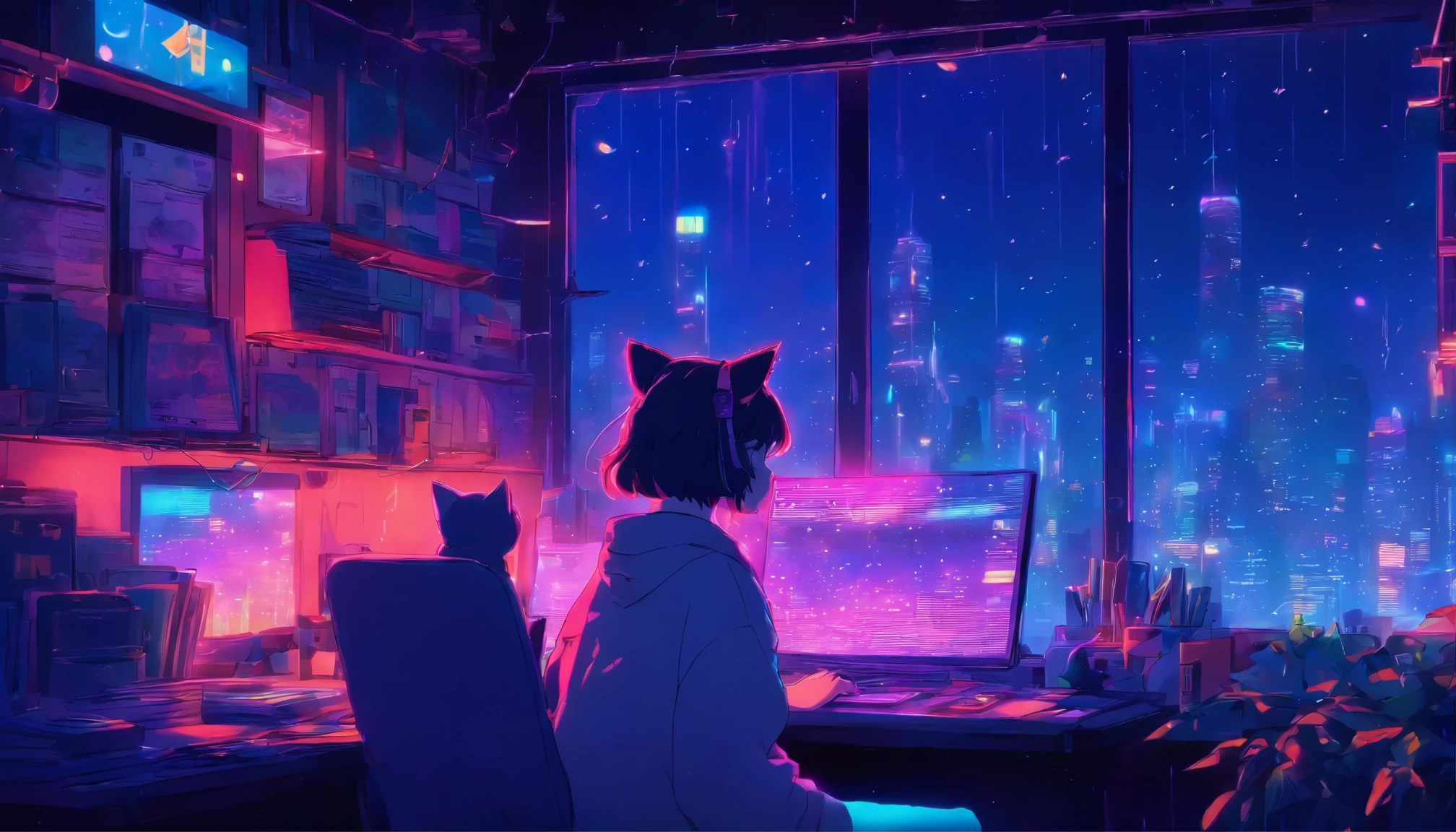 (lofi), Girl studying hard at desk, cat ears, profile, Put on the headphones, Night light, Neon landscape of rainy day from window,Analog Color Theme, Lo-Fi Hip Hop , Flat, 2.5D ,line-drawing, Ink drawing, Large gradients, watercolor paiting, Goosch color, Studio Ghibli style, Awesome colorful, Outturn, Synth Wave, lofi art,90s style,Old textures, amplitude,90s atmosphere, masutepiece, Huge skills