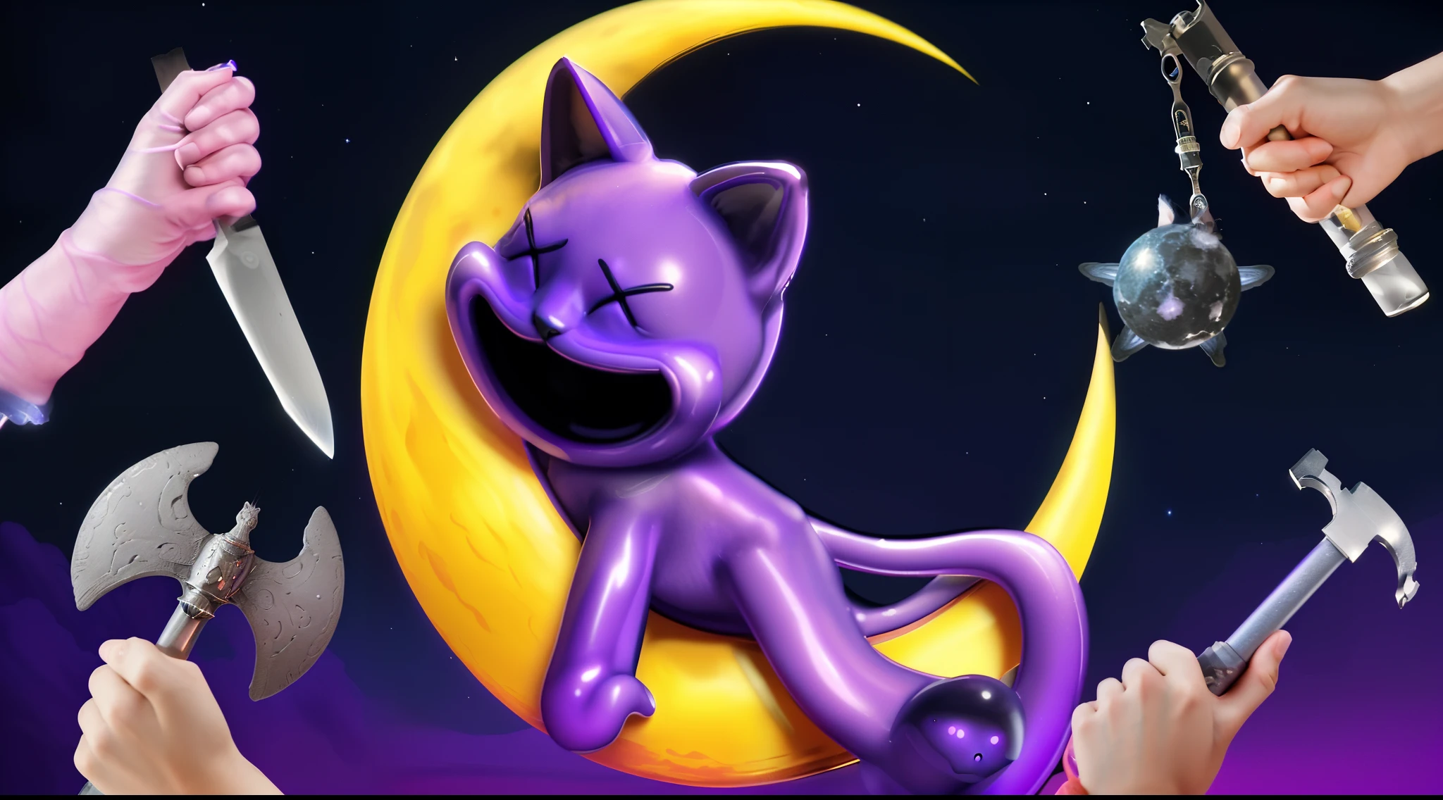 purple cat sitting on a crescent with other hand holding tools, purple cat, cat cat dreamcats, sitting on a moon, kittens in outer space, space cat, themed on the stars and moon, digital art, detailed digital art, reflective, best quality, 4k, masterpiece:1.2, ultra-detailed, realistic, vivid colors, dark and moody lighting, The image of the highest quality, ensuring every detail showcased perfectly. It in 4k resolution, allowing viewers to immerse themselves in the richness of the colors and intricate details. The realistic rendering. under the spotlight, reflecting, high-resolution image, realistic rendering, dark background, and rim light