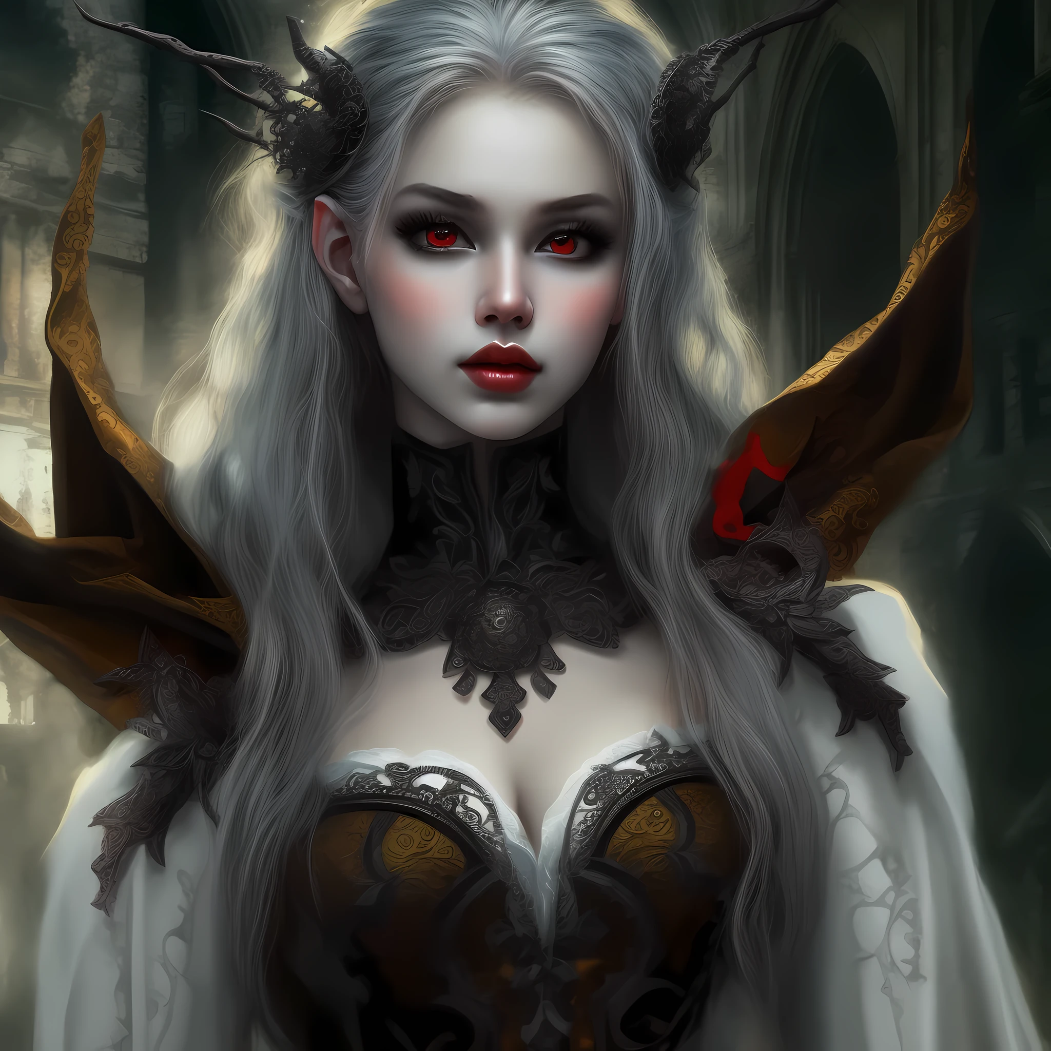 arafed, dark fantasy art, gothic art, (masterpiece:1.5), full body best details, highly detailed, best quality, highres, NeroV2, full body portrait of a vampire, elf (Masterpiece, best quality, ultra feminine: 1.5)  with a long curvy hair, dark color hair, red eyes (fantasy art, Masterpiece, best quality: 1.3), ((beautiful delicate face)), Ultra Detailed Face (intricate details, fantasy art, Masterpiece, best quality: 1.5), [visible vampiric fangs] (intricate details, fantasy art, Masterpiece, best quality: 1.5), [anatomically correct] red cloak, flowing cloak (intense details, fantasy art, Masterpiece, best quality: 1.3), wearing an intricate leather [white] dress (intricate details, gothic art, Masterpiece, best quality: 1.5), high heeled boots, blood dripping on lips, urban background (intense details, beat details), fantasy, at night light, natural ,moon light, soft moon light, moon rays, clouds, gothic atmosphere, gothic street background, bats flying in background, soft light, dynamic light, [[anatomically correct]], high details, best quality, 16k, [ultra detailed], masterpiece, best quality, (extremely detailed), dynamic angle, ultra wide shot, RAW, photorealistic