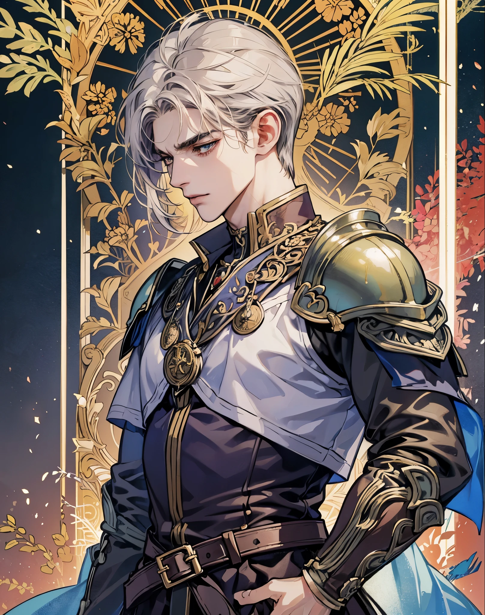 Lord Caius Marcellus, the Master of the Royal Guard and secret lover of Empress Seraphina. He is depicted as a noble and formidable figure, clad in the royal guard's armor, which is both elegant and practical, reflecting his high status and the responsibilities he bears. His armor is adorned with symbols of the Holy Empire of Etreal and personal insignia that signify his personal oath to protect the Empress at all costs. Despite the armor's toughness, there's a gentleness in his eyes, showcasing his good heart and pure intentions. He stands in the royal palace, perhaps near the throne or in a private chamber that hints at his intimate connection with the Empress. His posture is upright, exuding confidence and loyalty, but there's a hint of contemplation, reflecting his inner conflict between duty and morality. The background might subtly include elements that hint at his skills in combat and strategy, such as a finely crafted sword or a strategic map of the empire, Art Styles: high fantasy, Renaissance, Art Inspirations: heroic portraiture, fantasy novel covers, Camera: 50mm, Shot: medium shot, Render Related Information: high resolution, detailed with a focus on the textures of his armor and the softness of his expression, ambient lighting to highlight his noble yet complex character.