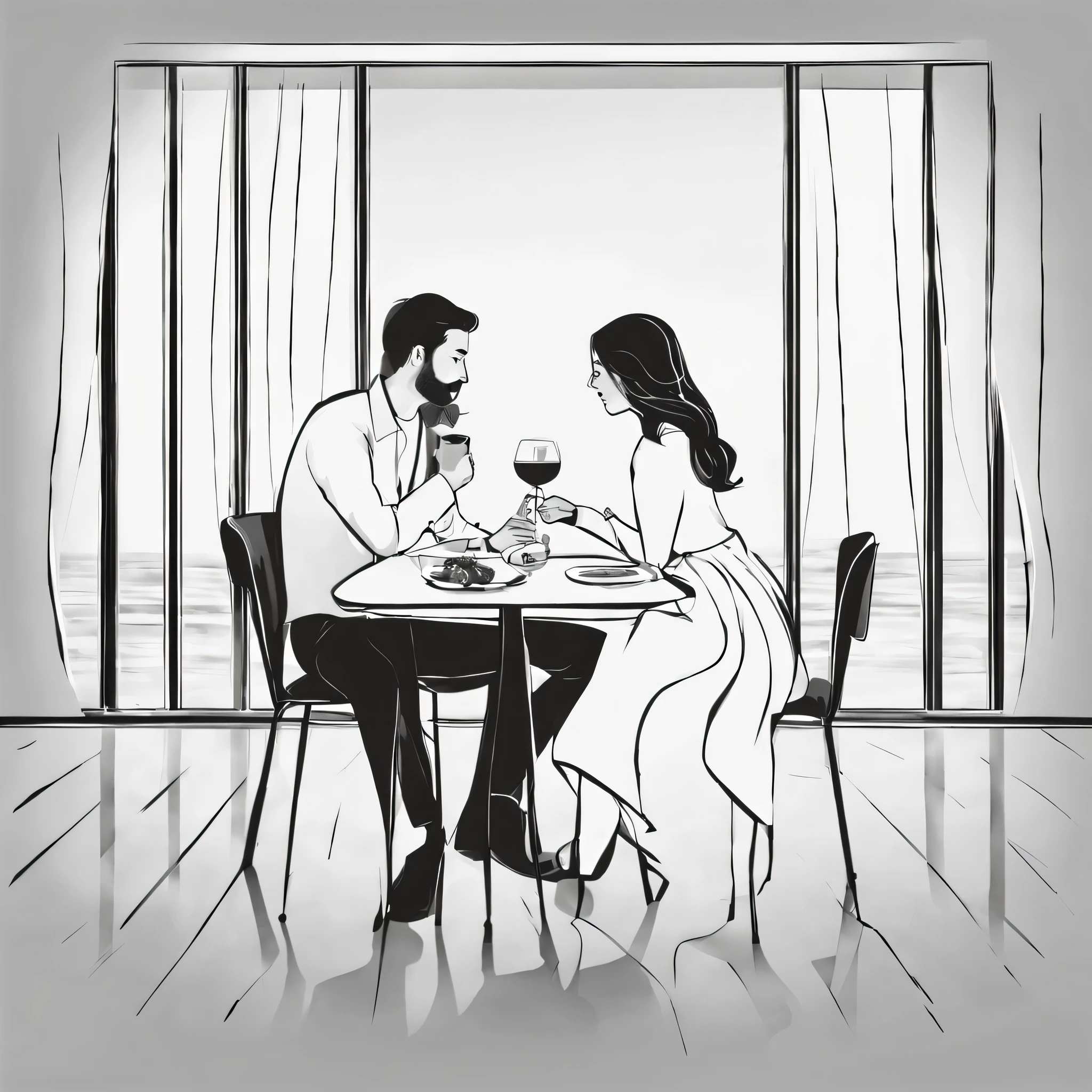 Couple amoureux qui dine en tête à tête, table au centre, Dessin au trait noir, fond blanc, Minimaliste