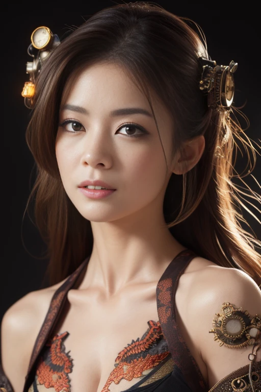 (masterpiece:1.2), ultra detailed, ultra high res, (realistic, photo realistic:1.37), high detail RAW color photo, professional photograph, an extremely delicate and beautiful, extremely detailed, 8k wallpaper, Amazing, finely detail, huge file size, extremely detailed beautiful girl, extremely detailed face, extremely detailed eyes, extremely detailed skin, extremely detailed fingers, extremely detailed nose, extremely detailed mouth, perfect anatomy, highly detailed background, (a famous actress of Japan:1.2), (gyaru:1.1), (flat chest:1.6), Dynamic lighting, (Steampunk:1.45), full body, (kimono with dragon embroidery:1.3), black background, bare shoulders, (dynamic pose:1.1), (armpit:1.2),