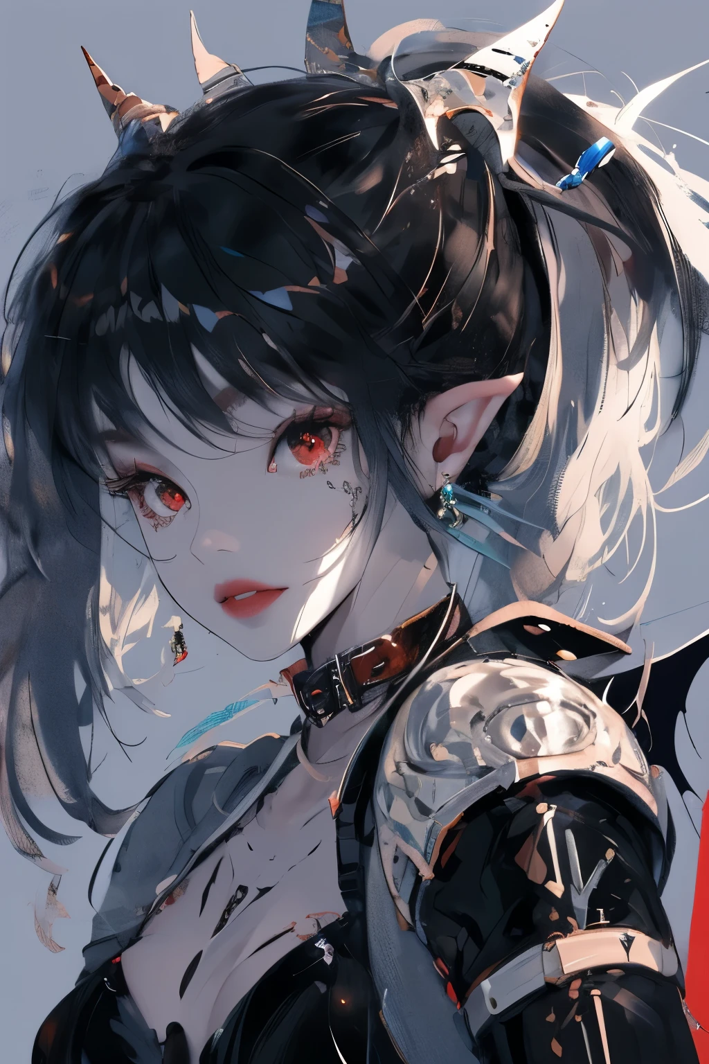 (masterpiece), (best quality), (detailed), light layer, shiny skin, (intricate detailed , tight clothes, , Demon Wings,hair accessories :1.2), from above, black hair, black collar, long hair, Ji Qie, Miss, blunt bangs, side lock, red eyes, holding munitions personnel,holding a sickle,holding sword, (adult:1.1), [Uncensored, national foundation, nipple], side ponytail  (simple background:1.1),  