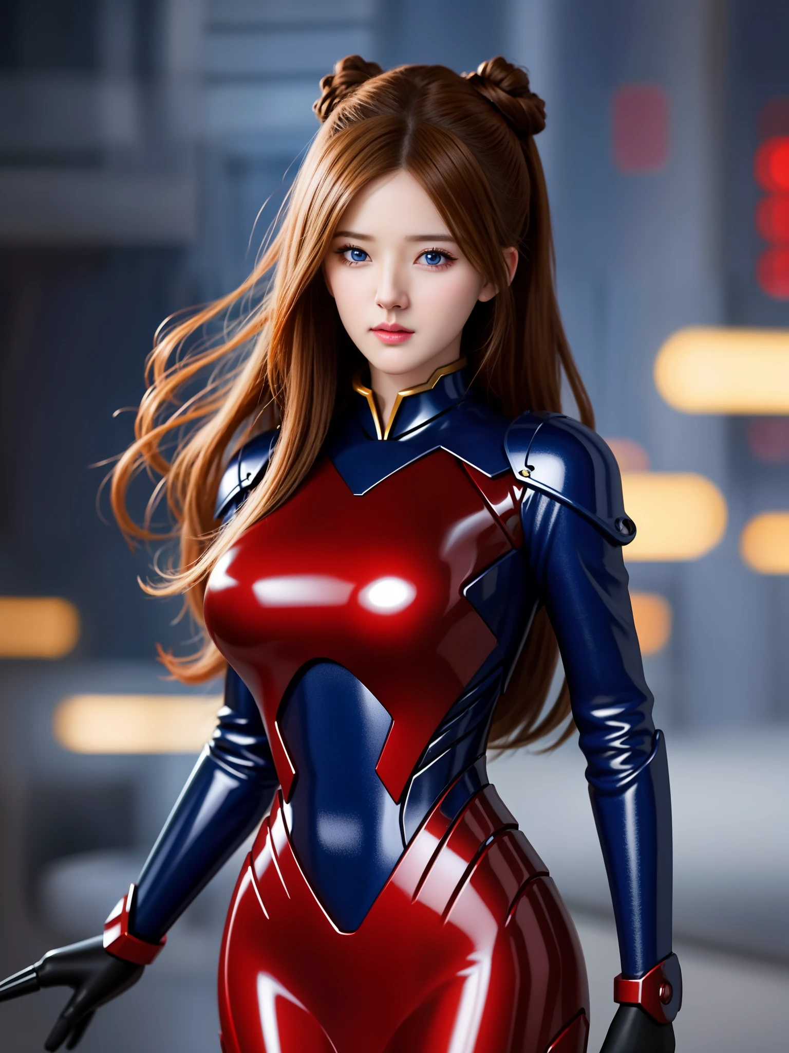 Ultra HD, Retina Screen, Masterpiece, Accurate, Anatomically Correct, Skin Texture:1.5, Very Detailed:1.3, Detailed Face:1.2, High Detail:1.2, High Quality, Best Quality, High Resolution, 8K, Cyberpunk:0.5, Surrealism:0.4, Unbelievably Absurd:0.5, Real:0.88, Fidelity:0.7, Elegance:0.7, Full body:0.4, Ceramic robot:0.08, Robot:0.32, Chip:0.7, Cable:0.65, Lace:0.65, Facial muscles:0.8, Octane rendering:0.45, Mechanical joints:0.35, 1Person, female:1.2, Perfect Body:1.2, Golden Hair:0.6, Chinese Women:0.2, asuka langley sohryu, colorful neon lights, sharp focus, best quality, 4k, highres, (photorealistic:1.37), detailed realistic facial features, fiery red hair, intense blue eyes, determined expression, red pilot uniform, mecha-plugsuit, futuristic cityscape background, vibrant colors, (hyperrealistic), (illustration), (high resolution), (8K), (extremely detailed), (best illustration), (beautiful detailed eyes), (ultra-detailed), (wallpaper), (high detailed realistic hair), (heterochromic eyes), (detailed eyes), (sparkling eyes), (realistic big breasts:1.5), (long legs), (slender abs), (dynamic pose), (closed tiny mouth:1.3), (nsfw), (concentrated expression)