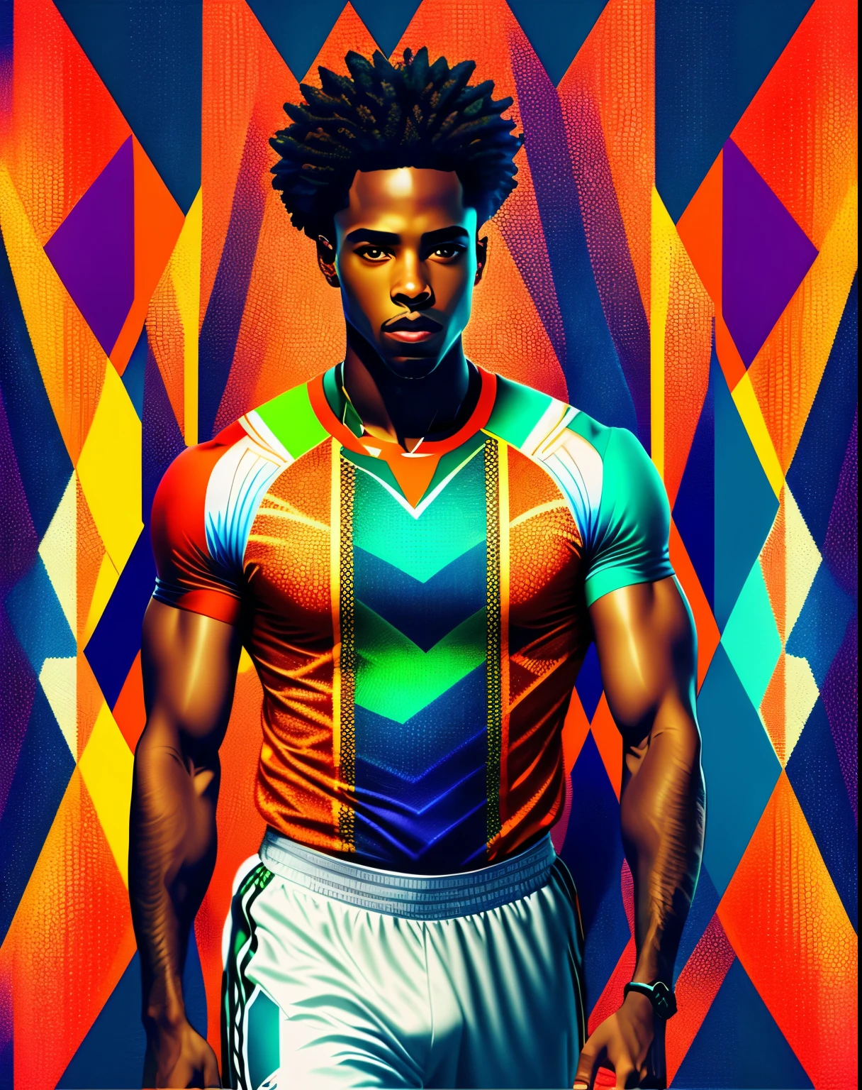 Portreit of a handsome man,African American athletic 8k and confident, rimlight, geometric pattern on clothes, colorful background