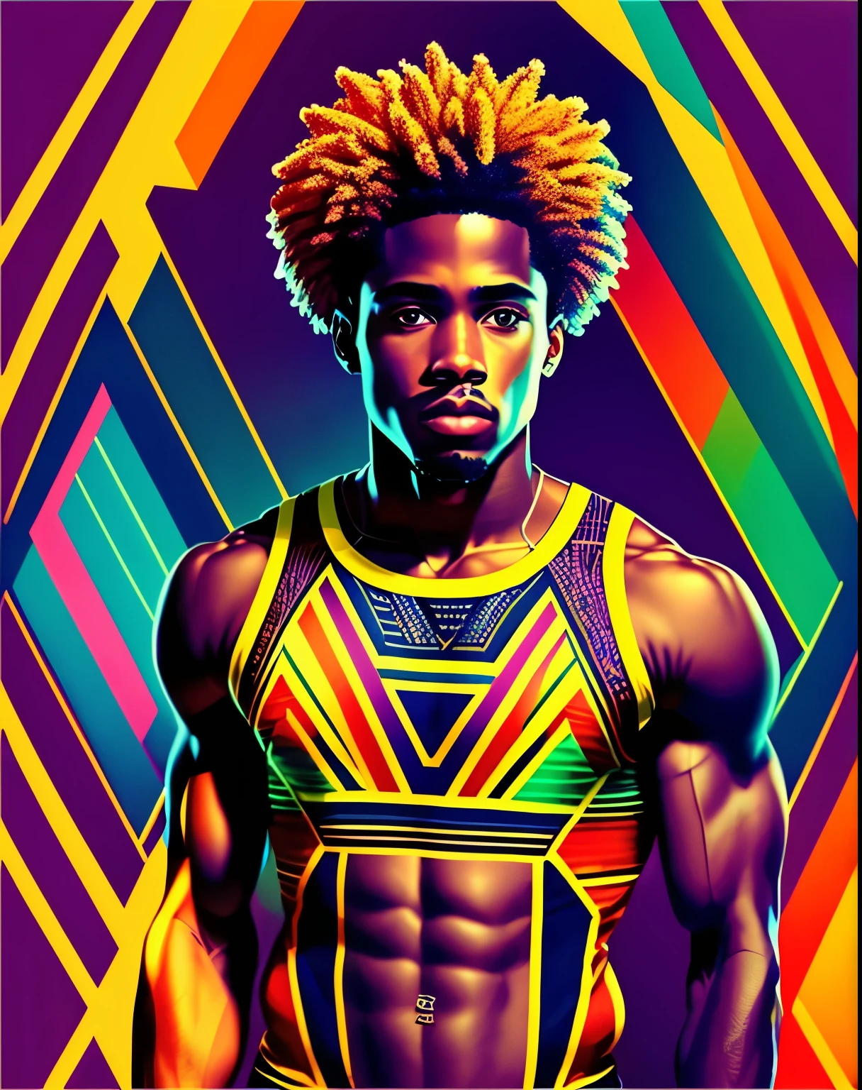 Portreit of a handsome man,African American athletic 8k and confident, rimlight, geometric pattern on clothes, colorful background