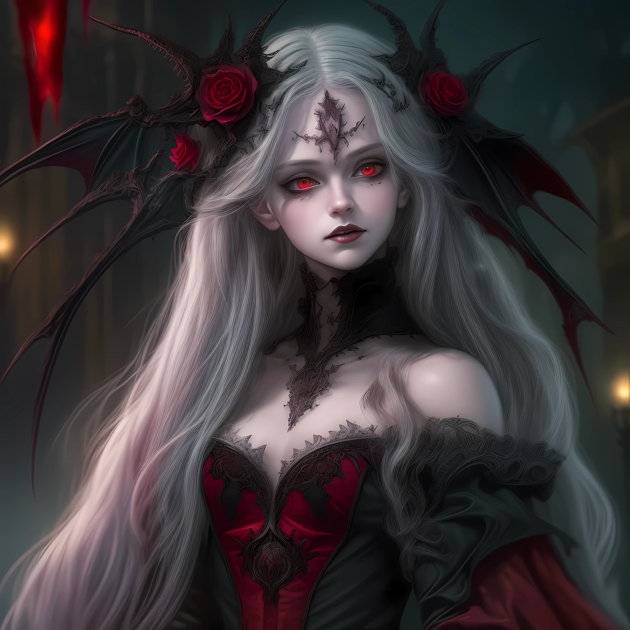 arafed, dark fantasy art, gothic art, (masterpiece:1.5), full body best details, highly detailed, best quality, highres, NeroV2, full body portrait of a vampire, elf (Masterpiece, best quality, ultra feminine: 1.5)  with a long curvy hair, dark color hair, red eyes (fantasy art, Masterpiece, best quality: 1.3), ((beautiful delicate face)), Ultra Detailed Face (intricate details, fantasy art, Masterpiece, best quality: 1.5), [visible vampiric fangs] (intricate details, fantasy art, Masterpiece, best quality: 1.5), [anatomically correct] red cloak, flowing cloak (intense details, fantasy art, Masterpiece, best quality: 1.3), wearing an intricate leather [white] dress (intricate details, gothic art, Masterpiece, best quality: 1.5), high heeled boots, blood dripping on lips, urban background (intense details, beat details), fantasy, at night light, natural ,moon light, soft moon light, moon rays, clouds, gothic atmosphere, gothic street background, bats flying in background, soft light, dynamic light, [[anatomically correct]], high details, best quality, 16k, [ultra detailed], masterpiece, best quality, (extremely detailed), dynamic angle, ultra wide shot, RAW, photorealistic