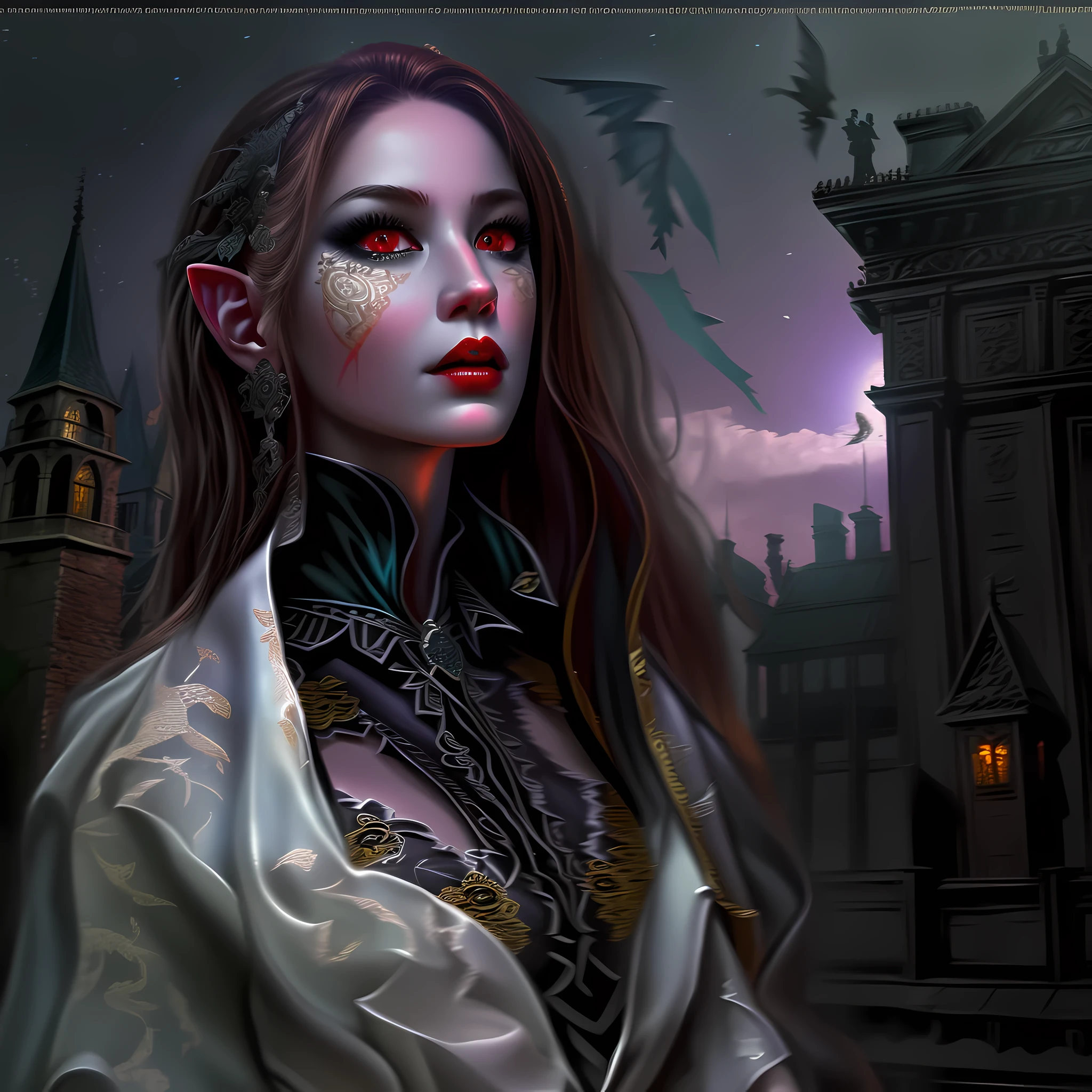 arafed, dark fantasy art, gothic art, (masterpiece:1.5), full body best details, highly detailed, best quality, highres, NeroV2, full body portrait of a vampire, elf (Masterpiece, best quality, ultra feminine: 1.5)  with a long curvy hair, dark color hair, red eyes (fantasy art, Masterpiece, best quality: 1.3), ((beautiful delicate face)), Ultra Detailed Face (intricate details, fantasy art, Masterpiece, best quality: 1.5), [visible vampiric fangs] (intricate details, fantasy art, Masterpiece, best quality: 1.5), [anatomically correct] red cloak, flowing cloak (intense details, fantasy art, Masterpiece, best quality: 1.3), wearing an intricate leather [white] dress (intricate details, gothic art, Masterpiece, best quality: 1.5), high heeled boots, blood dripping on lips, urban background (intense details, beat details), fantasy, at night light, natural ,moon light, soft moon light, moon rays, clouds, gothic atmosphere, gothic street background, bats flying in background, soft light, dynamic light, [[anatomically correct]], high details, best quality, 16k, [ultra detailed], masterpiece, best quality, (extremely detailed), dynamic angle, ultra wide shot, RAW, photorealistic