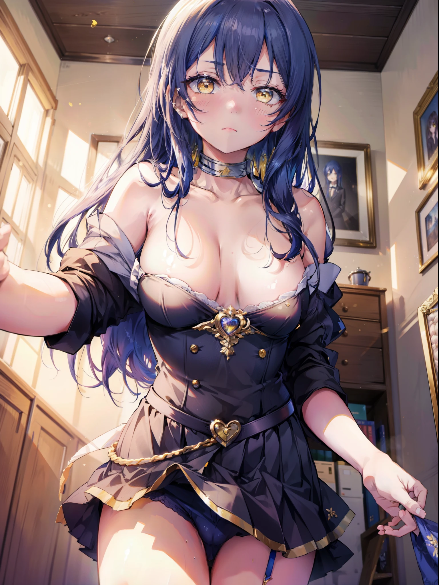 Kamisonoda, Umi Sonoda, long hair, blue hair, (yellow eyes:1.5) (flat chest:1.2),looking at the viewer, heart-shaped eyes, simultaneous, nadium chest, blush，show viewer, from below, concentrated, Beyond the particles of light, love hotel bedroom, blue bra，Blue Garter Belt，blue string underwear，Blue tights，Medium chest，crotch,
breaking looking at viewer,
destroy indoors, Destroy indoors (masterpiece:1.2), highest quality, High resolution, unity 8k wallpaper, (figure:0.8), (beautiful and fine eyes:1.6), highly detailed face, perfect lighting, Very detailed CG, (perfect hands, perfect anatomy),