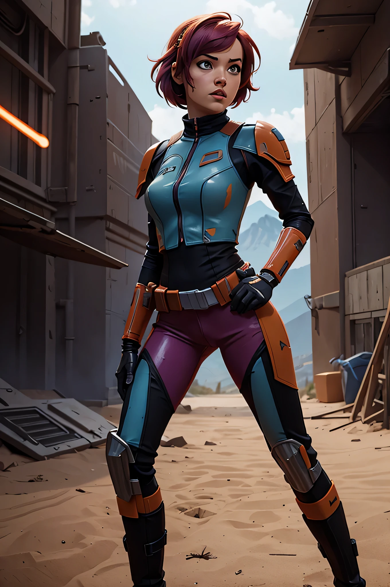 sexy Sabine Wren, star wars, mandalorian, in a battle scene, highest quality,

