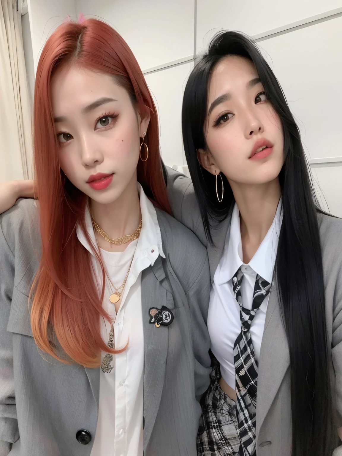 Dos mujeres vestidas de negocios posando juntas para una foto., con negro, ulzzang, nixeu y sakimichan, kda y sam que, pelo de dos colores, rosa negro, con hiedra, Jinyoung Shin, art album, oficial, sol yunjoo, 🪔 🎨;🌞🌄, Ying y Yang, 2 colores, maquillaje popular de corea del sur