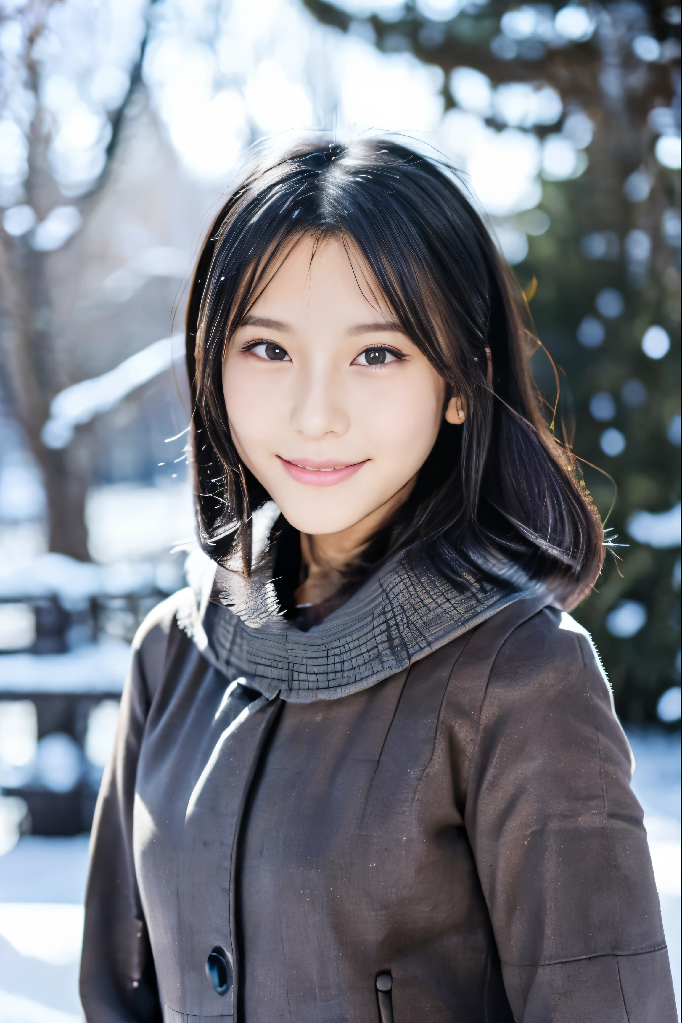 (highest quality, surreal, Ultra high density, highly detailed pictures, best image quality:1.4, 8K), (background, snow covered park):1.3, (gray down coat,), (1 female:1.3, alone), (slender line:1.4), (視聴者を見てsmile), (layered hair), (lavender black hair), (Japanese, 23 year old female), (smile:0.8),