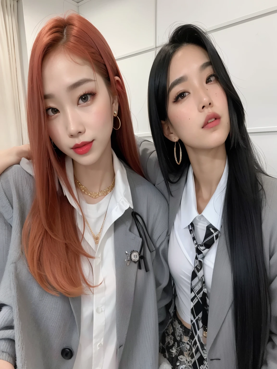 Dos mujeres vestidas de negocios posando juntas para una foto., con negro, ulzzang, nixeu y sakimichan, kda y sam que, pelo de dos colores, rosa negro, con hiedra, Jinyoung Shin, art album, oficial, sol yunjoo, 🪔 🎨;🌞🌄, Ying y Yang, 2 colores, maquillaje popular de corea del sur