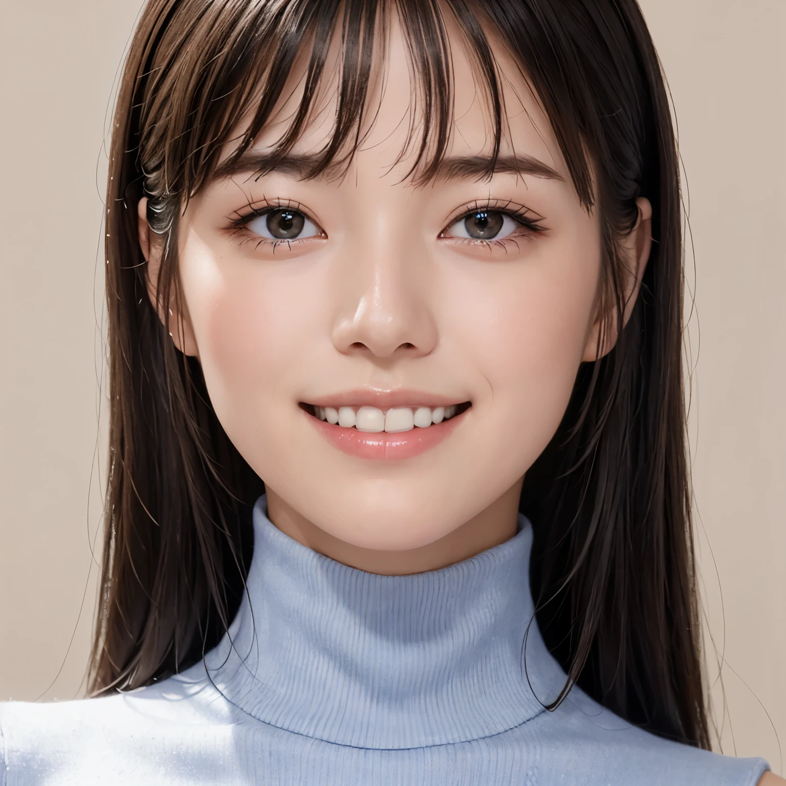 highest quality, realistic, 8K, High resolution, 1 girl, woman, (skin dents), (professional lighting), (portrait:0.6), (blue turtleneck sweater), nice, (short black hair:1), (look at the camera), ((looking at the viewer:1.5)), (look at the camera), realistic, (Bokeh), (I wore:0.6), nice, (dynamic pose:1.2), Intense lighting to the facial area, lips, (teeth:1.3), smile,、Beautiful skin with ultra-high definition gloss and moisture、Ultra high definition beautiful face、Super high-definition sparkling eyes、超高精細の完璧なteeth、ultra high definition hair、accurate anatomy