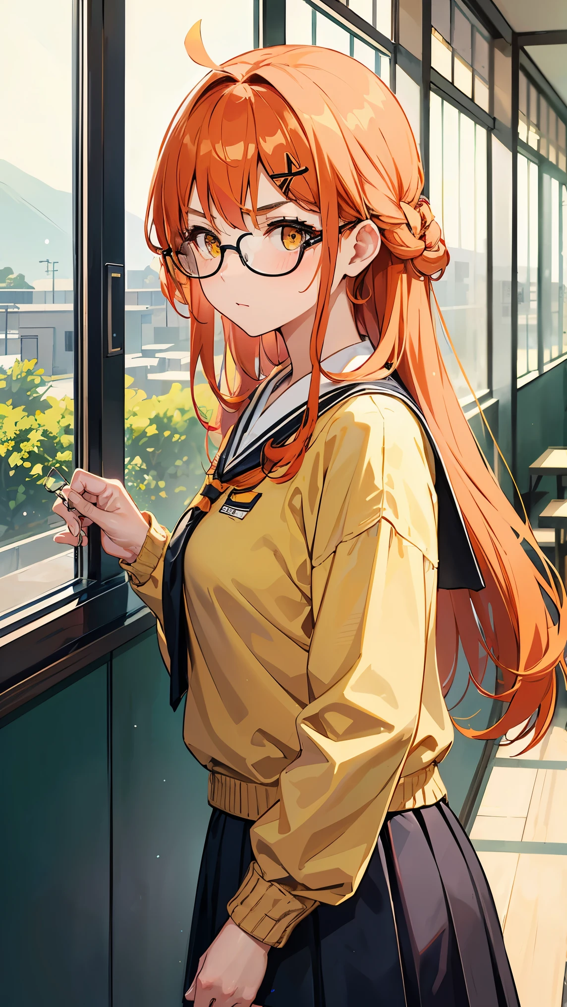 1girl, v-shaped eyebrows, long hair, curtain hair, black glasses, orange hair, yellow eyes, medium breast, wallpaper, landscape, depth of field, morning,modern school lobby, light particles, light rays, sidelighting, modern japanese school uniform, (modern japanese school shirt), modern japanese school skirt, (yellow sweater)