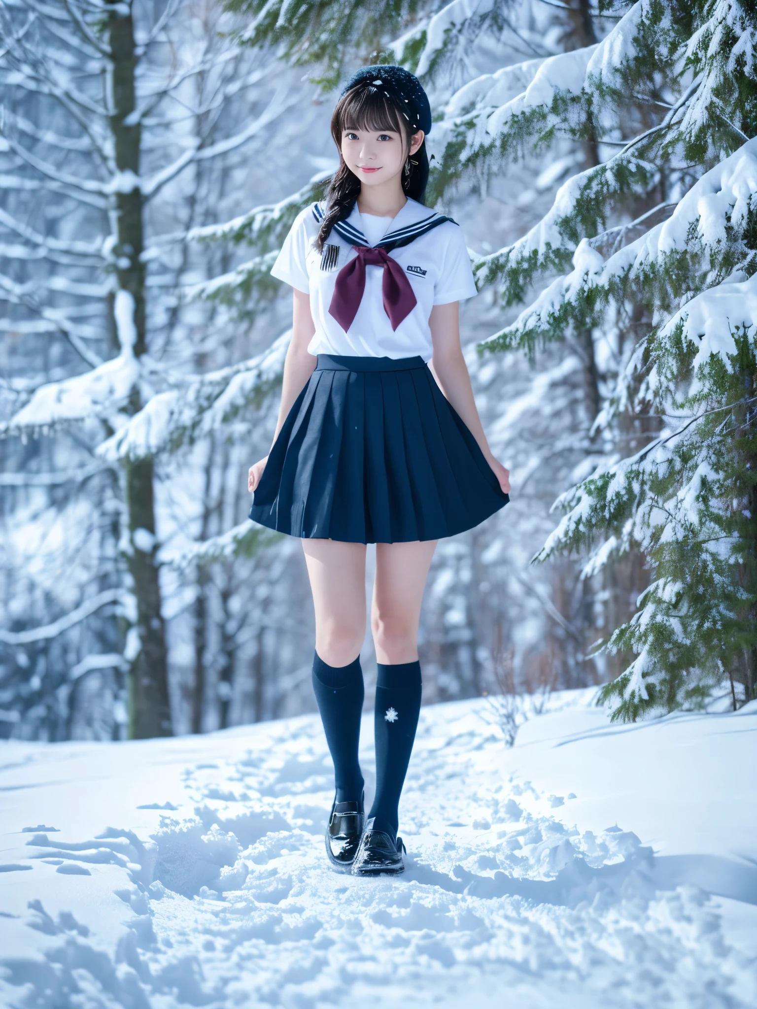 (in 8K、RAW Photos、top-quality、masterpiece:1.2), (realisitic、Photorealsitic:1.37), ultra-detailliert, high resolution, 1girl in, a closeup, Raw feet, A dark-haired, black eyes, japanese, color contact lens, (beautiful legs:1.3), (slender girl:1.4), a beauty girl, (Thin legs:1.3), a sailor suit, , high-school girl, JK, Ultra mini skirt, Dark blue pleated skirt, Short socks, Tri-fold socks, white sock, (short sleeves:1.3), (black loafers shoes:1.3), Full body, (standing:1.2), (heavy snowing:1.3), (deep snow:1.3)