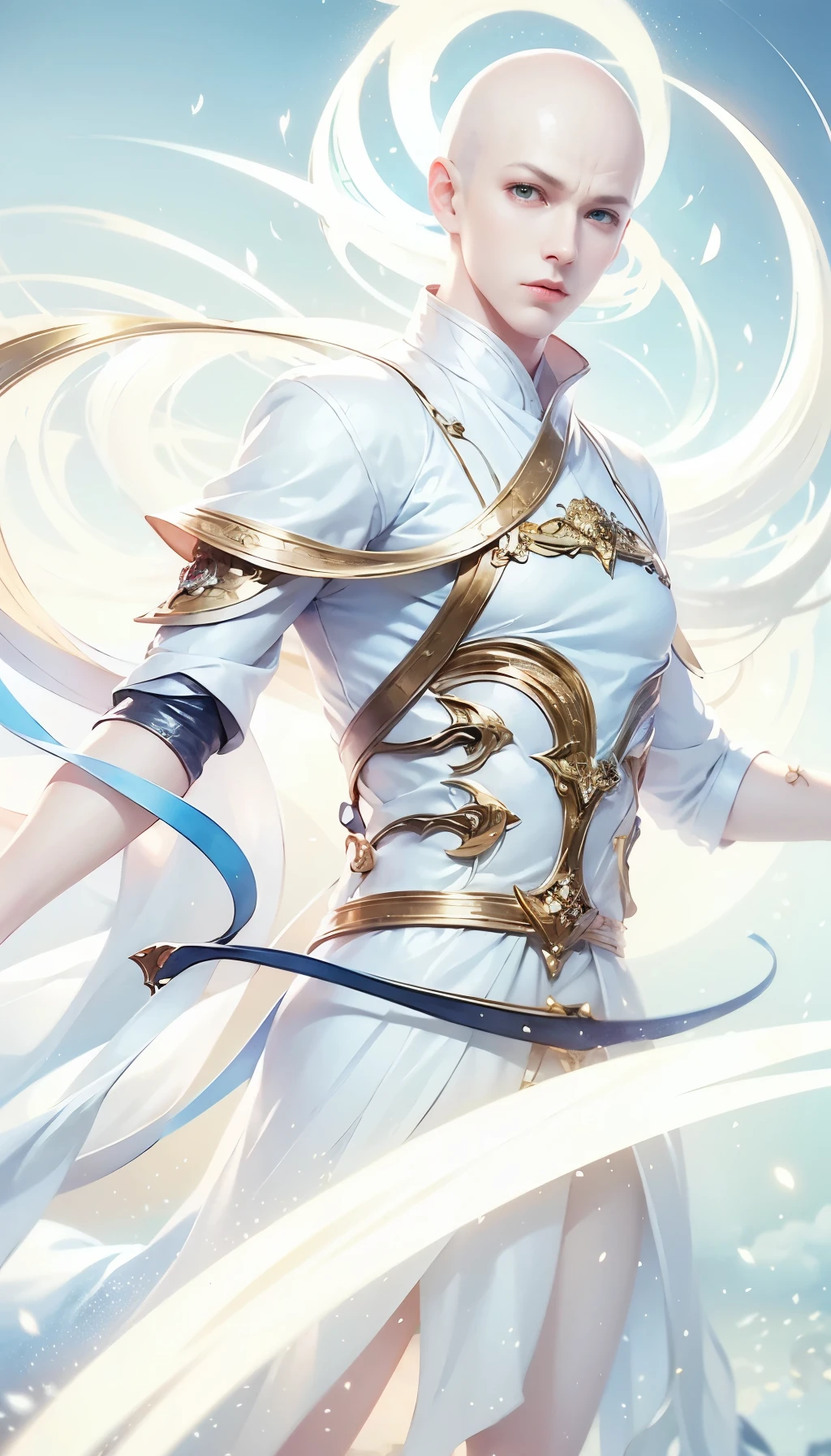 ((masterpiece)), HD clarity, monk,stand，cloth shoes， (((( 1 person, white sleeves, Bald, robe))))，(((1 teenager，Bald，monk，entire human body，tear nevus:)))，(Bald:1.8)，Cool sensation，nature，peaceful，childish。best quality，grand master：1.4），ultra high resolution，realistically，front lighting，intricate details，alone，（When young），looking at the audience，（Hollow pattern，white，silk），fit，VIP room，professional lighting，photon mapping，Radiosity，Physically based rendering，