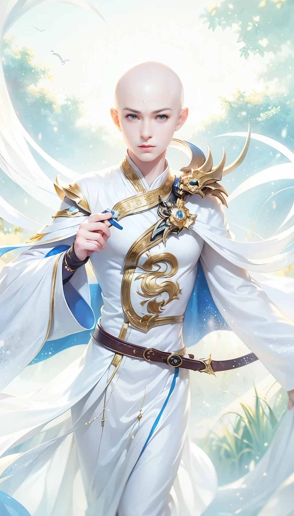 ((masterpiece)), HD clarity, monk,stand，cloth shoes， (((( 1 person, white sleeves, Bald, robe))))，(((1 teenager，Bald，monk，entire human body，tear nevus:)))，(Bald:1.8)，Cool sensation，nature，peaceful，childish。best quality，grand master：1.4），ultra high resolution，realistically，front lighting，intricate details，alone，（When young），looking at the audience，（Hollow pattern，white，silk），fit，VIP room，professional lighting，photon mapping，Radiosity，Physically based rendering，