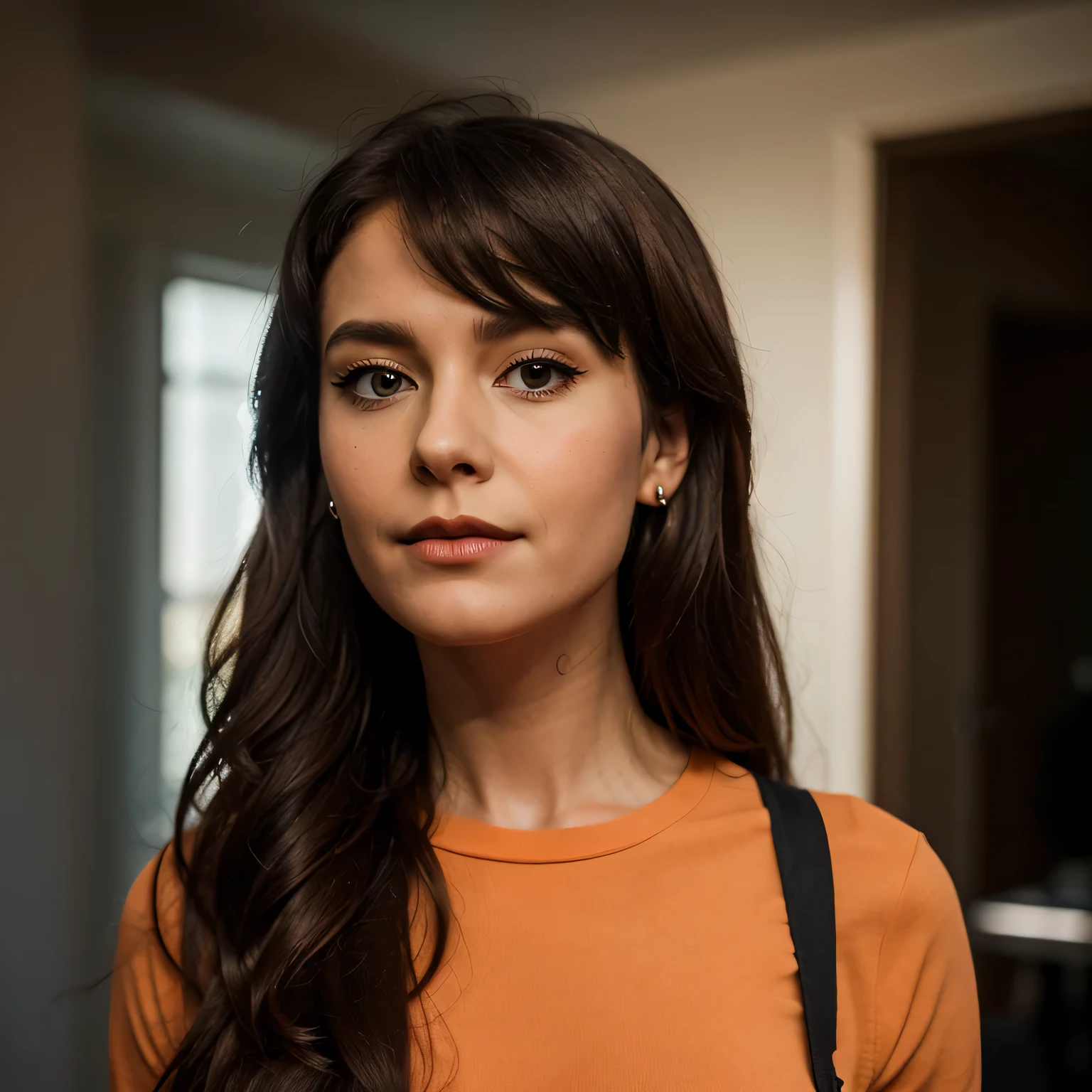 an illustration of a woman with long brown hair, Al estilo de Ingrid Baars, j. Scott Campbell, dark beige and light amber, de cerca, Thiago Valdi's position marker, personajes encantadores, 8k --ar 73:112 --estilizar 750 --v 6, Velma de Scooby-Doo, hermosa chica carismatica, showing perforation, athletic body, una mujer un top naranja, hermosa figura, Formas interesantes, Toma de cuerpo completo, Gothic style, ojo oscuro, al estilo de jessica drossin, Life-size figures, --ar 51:91 --s 1000