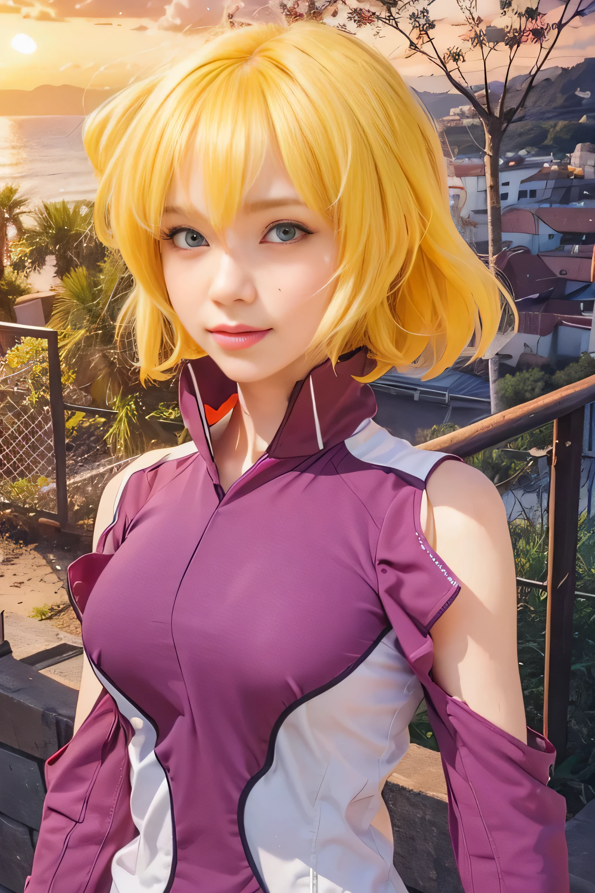 Realistic,masterpiece, best quality, (realistic,photo-realistic:1.4), (RAW photo:1.2),extremely detailed CG unity 8k wallpaper, delicate and beautiful, amazing,finely detail, official art, absurdres, incredibly absurdres, huge filesize, ultra-detailed,extremely detailed eyes and face, light on face,little smile,(blonde hair:1.3),(wearing shirt:1.4),sunset,beach,wall,detached sleeve,(red lael:1.4)