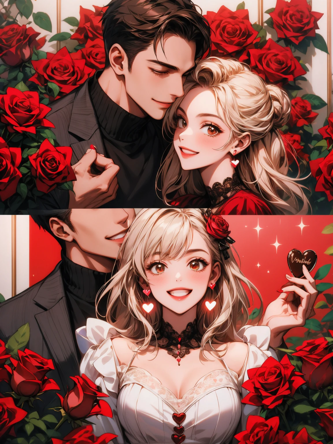 masterpiece, collage of couple, 1 guy, 1 woman, valentine, happy, smile, chocolate, roses, hearts