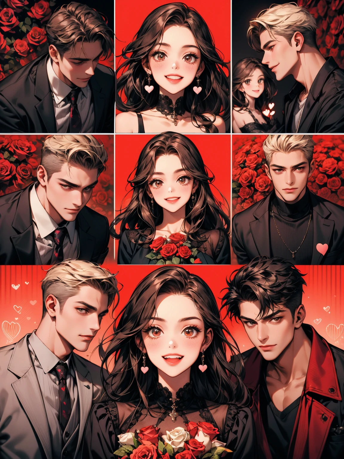 masterpiece, collage of couple, 1 guy, 1 woman, valentine, happy, smile, chocolate, roses, hearts