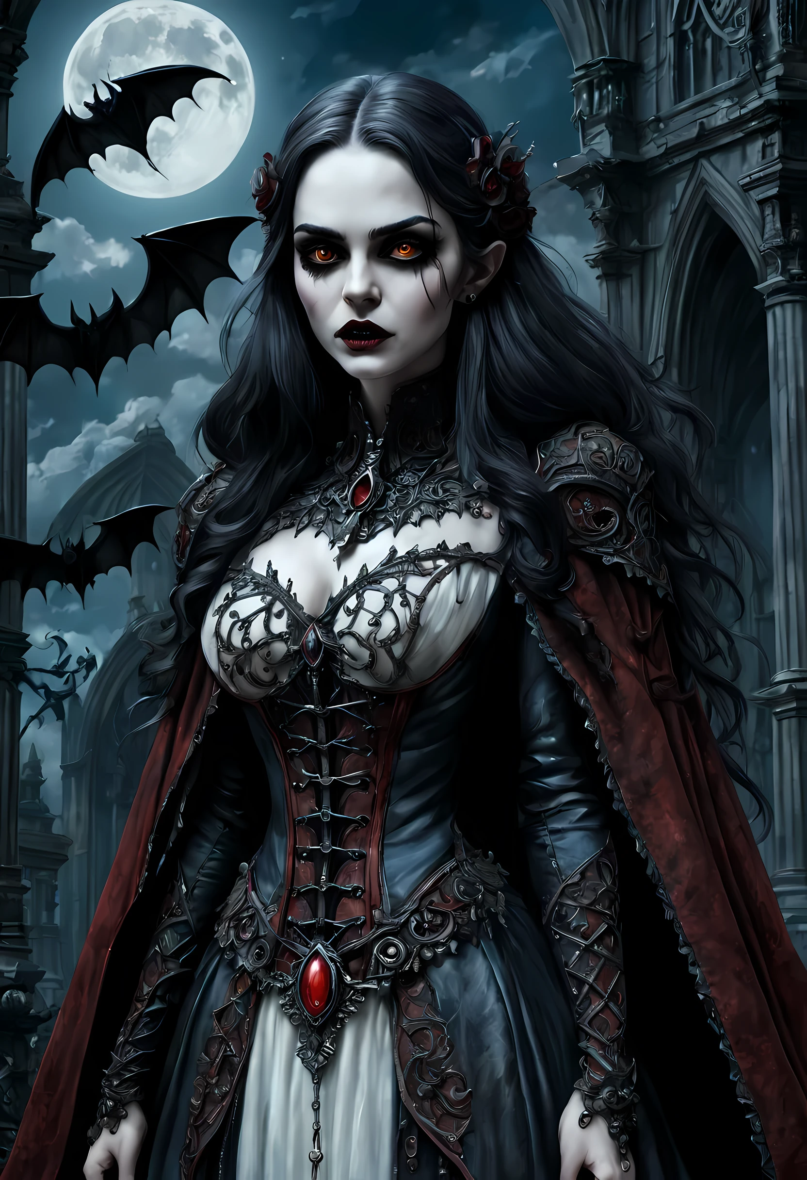 arafed, dark fantasy art, gothic art, (masterpiece:1.5), full body best details, highly detailed, best quality, highres, NeroV2, full body portrait of a vampire, elf (Masterpiece, best quality, ultra feminine: 1.5)  with a long curvy hair, dark color hair, red eyes (fantasy art, Masterpiece, best quality: 1.3), ((beautiful delicate face)), Ultra Detailed Face (intricate details, fantasy art, Masterpiece, best quality: 1.5), [visible vampiric fangs] (intricate details, fantasy art, Masterpiece, best quality: 1.5), [anatomically correct] red cloak, flowing cloak (intense details, fantasy art, Masterpiece, best quality: 1.3), wearing an intricate leather [white] dress (intricate details, gothic art, Masterpiece, best quality: 1.5), high heeled boots, blood dripping on lips, urban background (intense details, beat details), fantasy, at night light, natural ,moon light, soft moon light, moon rays, clouds, gothic atmosphere, gothic street background, bats flying in background, soft light, dynamic light, [[anatomically correct]], high details, best quality, 16k, [ultra detailed], masterpiece, best quality, (extremely detailed), dynamic angle, ultra wide shot, RAW, photorealistic